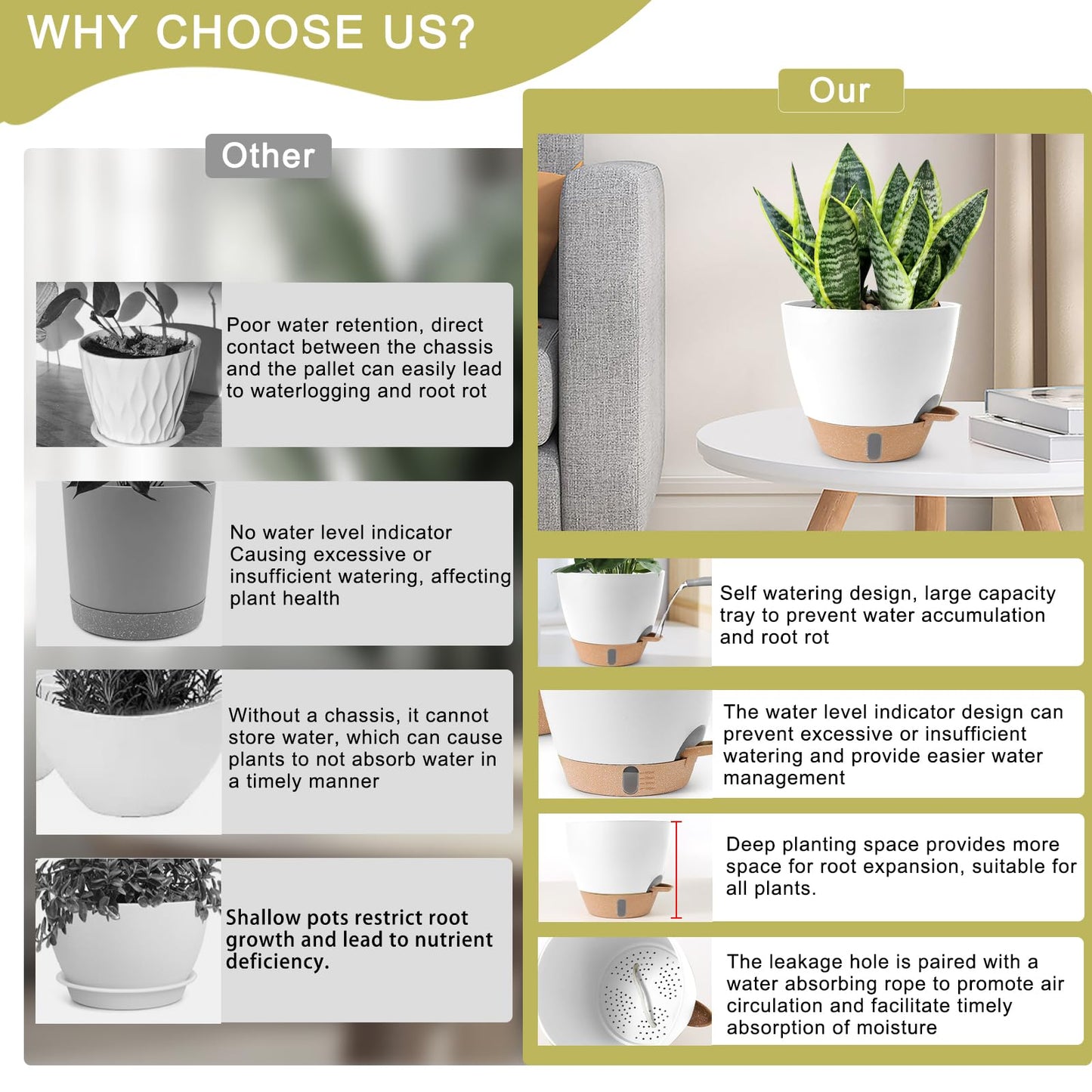 WEICHENGXING Plant Pots,12/10/9/8/ Inch Large Plastic Self Watering Flower Pots Indoor Outdoor with Drainage Holes, Deep Reservoir,Nursery Planting Pot for Indoor Out Door Plants White