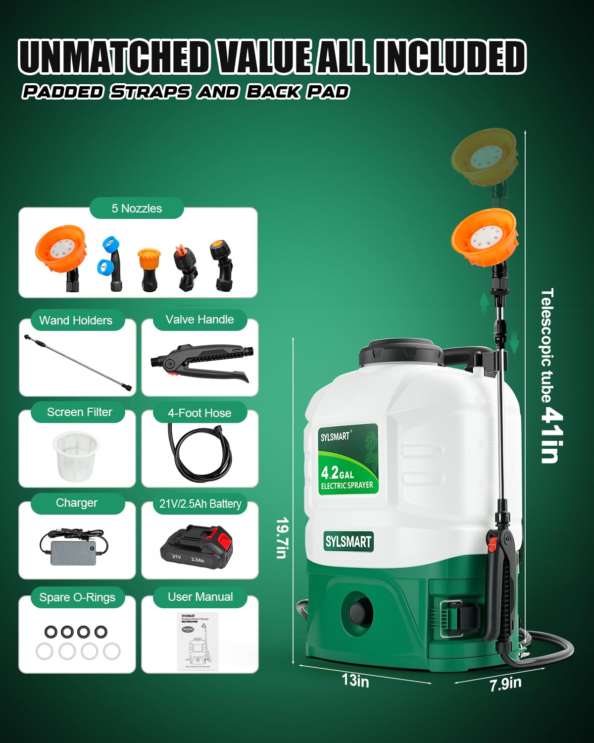 Sylsmart Battery Powered Backpack Sprayer 4 Gallon, 0-100 PSI Strong Electric Sprayer Compatible with Makita 18V Battery, 5 Nozzles, Weed Sprayer for Lawn & Garden, Yard, Fertilizer (Battery Inc)