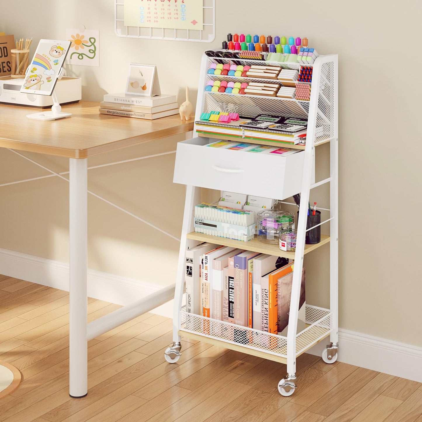 Homsorout 3 Tier Rolling Cart - Metal Utility Cart with Storage Drawer and Wheels, Versatile Art & Craft Organizer for Home, Office, or Studio - Ideal for Storing Brushes, Paints, and Supplies(Maple)