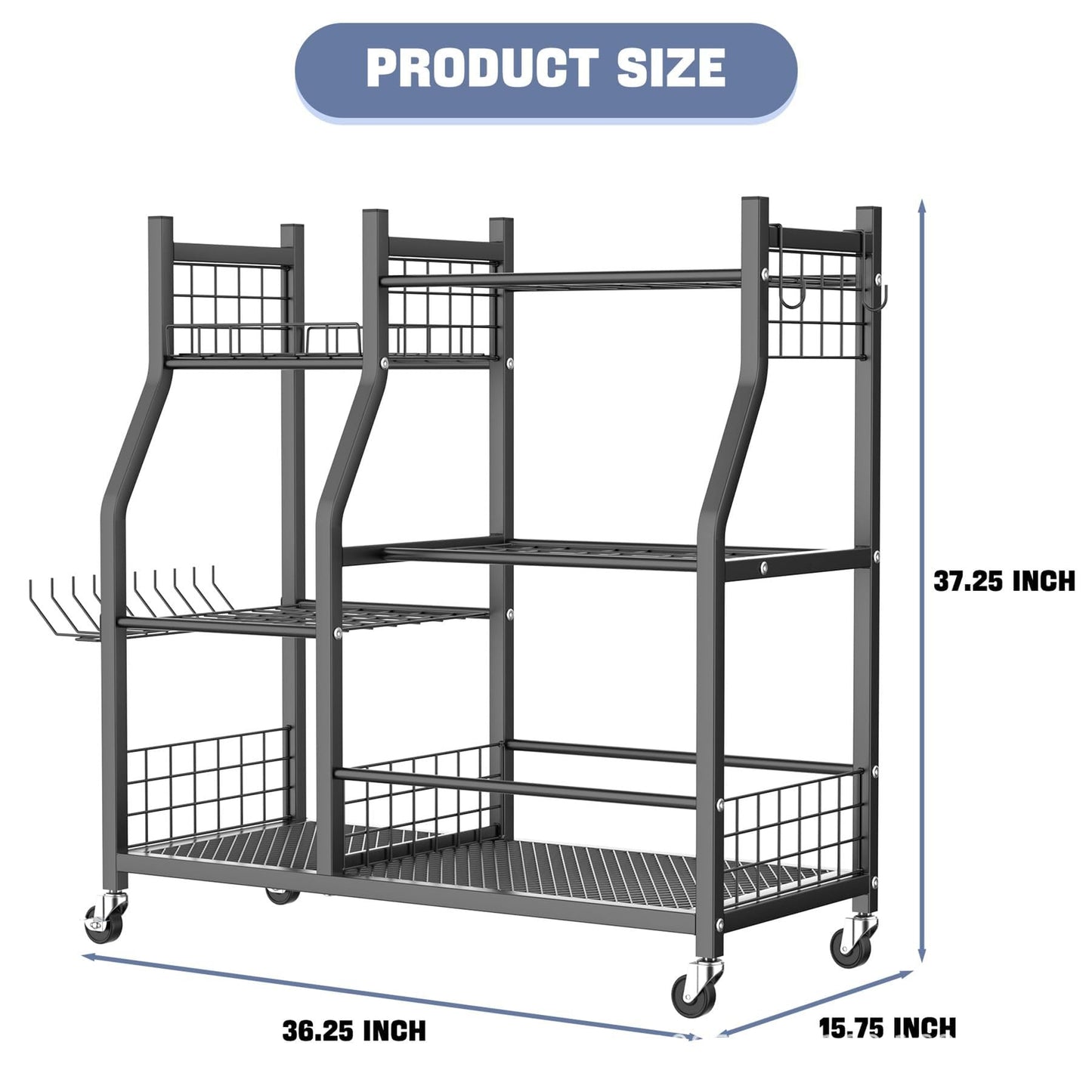 Extra Large Garden Tool Organizer Rack with Wheels, 3x2 Heavy Duty Garage Storage Stand Holds 60+ Tools, Black