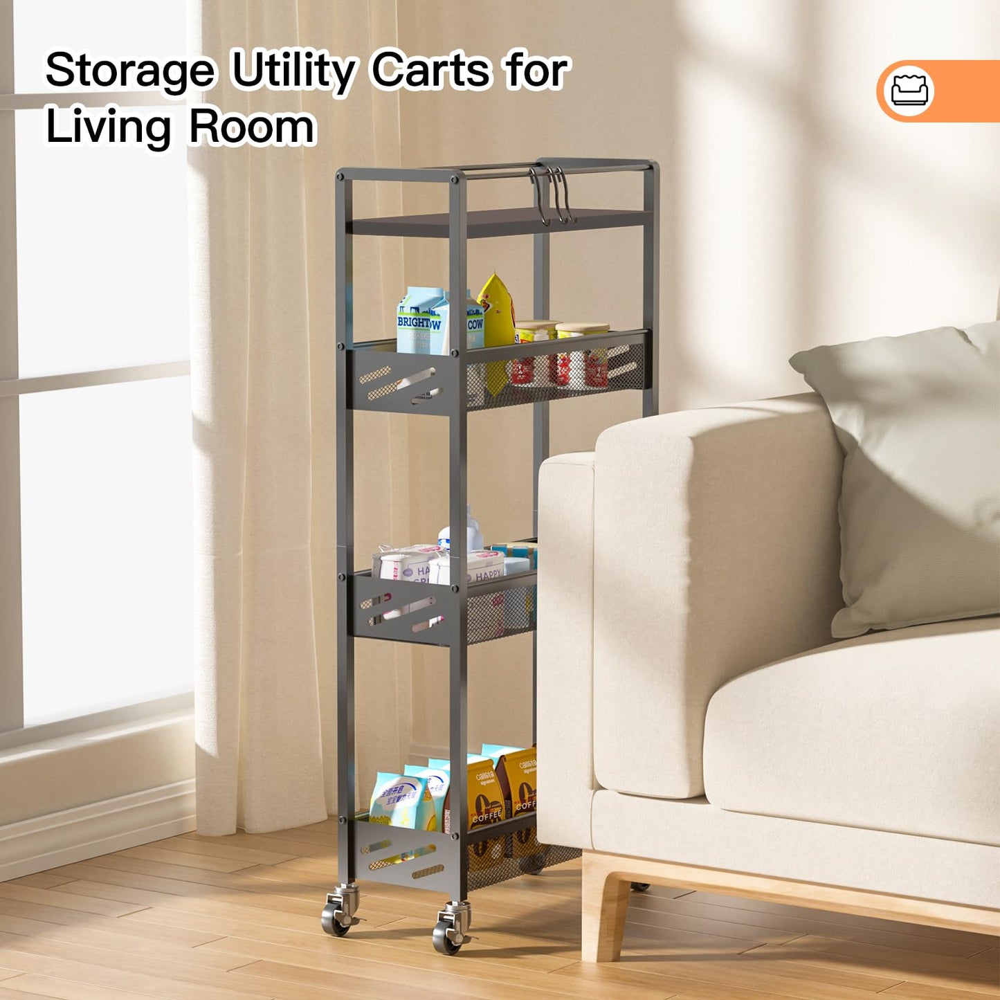 DGSNADGO Slim Rolling Storage Cart, 4-Tier Kitchen Cart on Wheels, Narrow Utility Cart with Handle and Wooden Tabletop for Small Space in Kitchen, Living Room, Bathroom, Laundry Room, Beige (Black)
