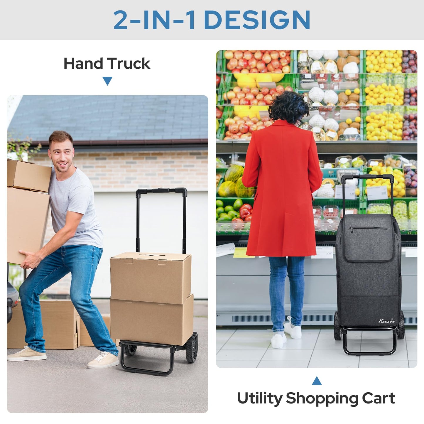 KEDSUM 2 in 1 Shopping Carts for Groceries, 330 lbs Grocery Cart on Wheels, Foldable Utility Carts with Wheels, Hand Truck with Waterproof Tote Bag for Shopping, School, Laundry, Craft Show, Black