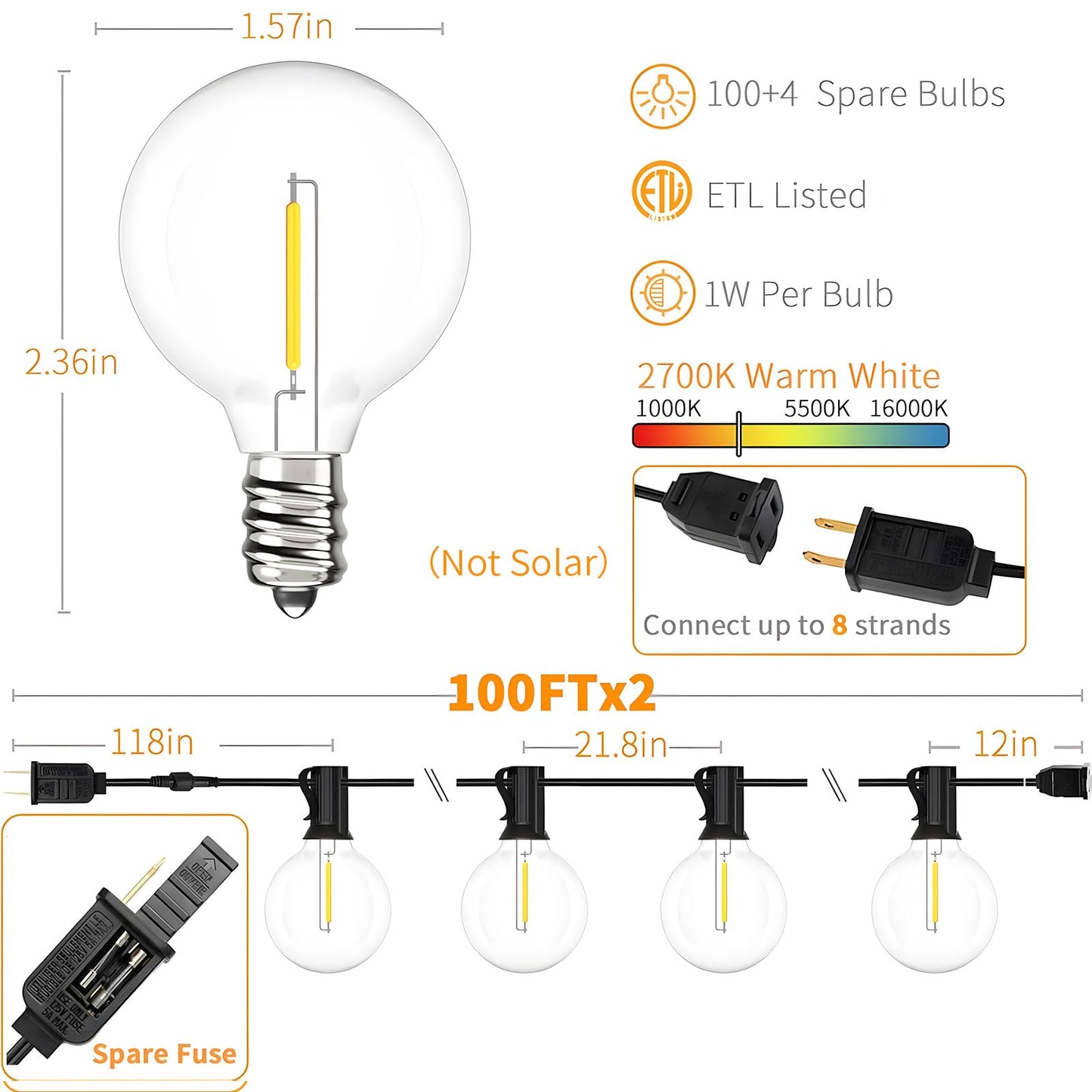 Svater Outdoor String Lights 200 FT, Patio Lights with 104 Shatterproof LED Bulbs, Commercial Grade Waterproof Plastic Hanging Light for Bistro Backyard Cafe Market, Warm White 2700K (2 X 100 FT)