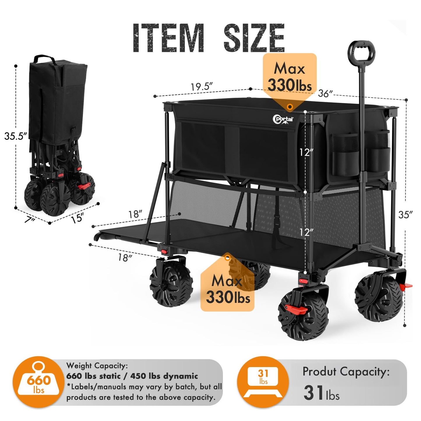 Portal Collapsible Large Double Decker Wagon with Brakes, 660lb Foldable Heavy Duty Utility Wagon Cart, 400L All-Terrain Big Wheels & 54" Extra Long Extender for Sports, Camping & Outdoor Use
