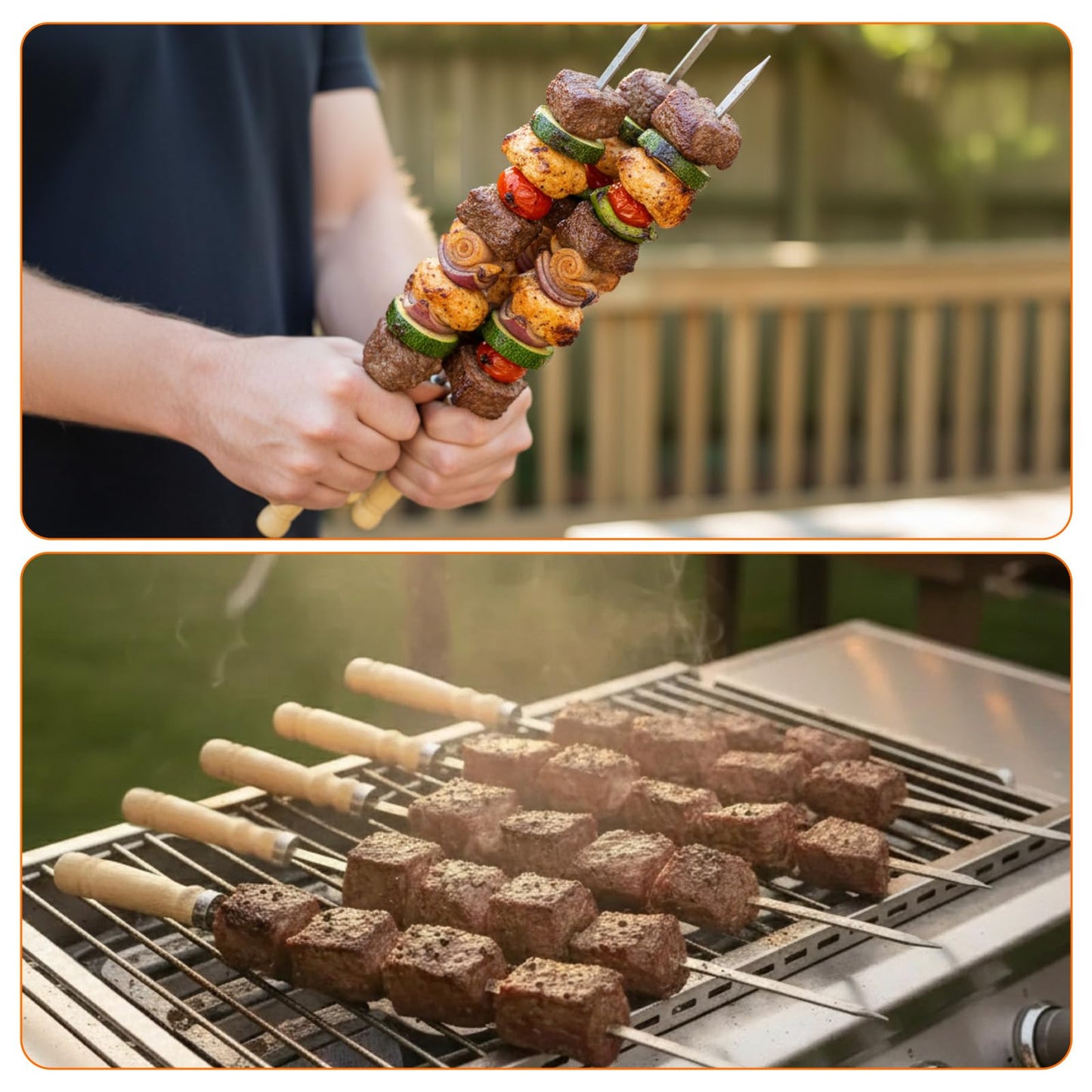WRENYZK 24 Pcs Barbecue Skewers with Wooden Handles, Kabob Skewers for Grilling, 15.75" Stainless Steel BBQ Skewer with Basting Brush, Kabob Skewers Skewer Sticks for Camping or family