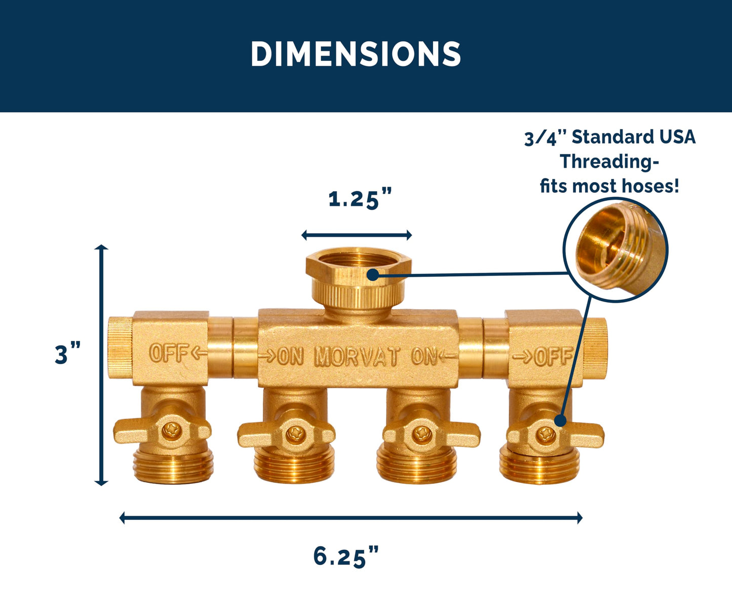Morvat 4 Way Splitter with Rotating Arms, Heavy Duty Brass Garden Hose Manifold Connector with Comfort Rubber Grip ON/OFF, Adapter for Water Faucet Tap & Spigot, 8 Extra Washers & Teflon Tape