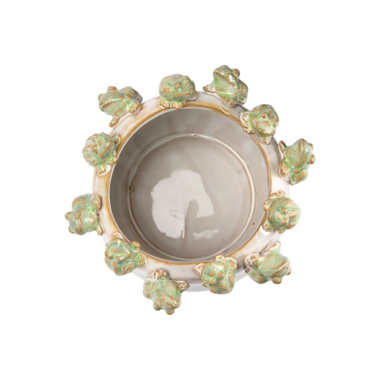 Creative Co-Op Stoneware Planter with Frogs on Rim and Reactive Glaze, Green and White