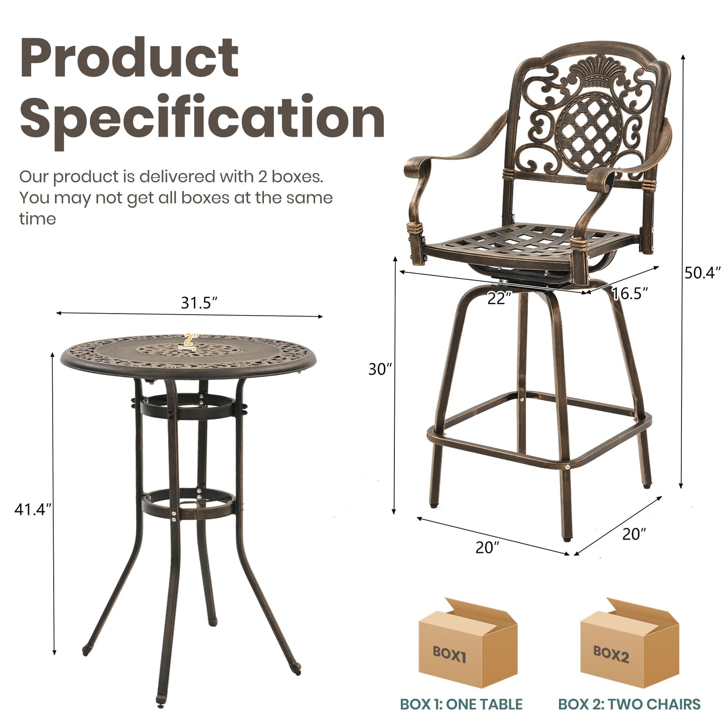 Pamapic 3-Piece Patio Swivel Bar Stools Set,Rustproof Cast Aluminum Patio Bar Sets 2,All-Weather High TopTable and Chairs Furniture Set Garden, Balcony, Bronze