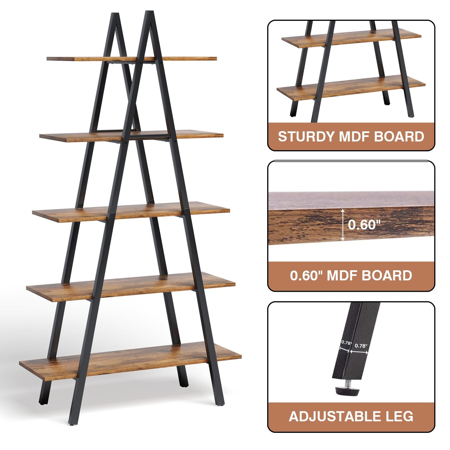 YOUDENOVA 5-Tier Ladder Bookshelf, Industrial A-Shaped Bookcase, Christmas Village Display Stand, Tall Ladder Shelf Storage Organizer for Living Room, Home Office, Black