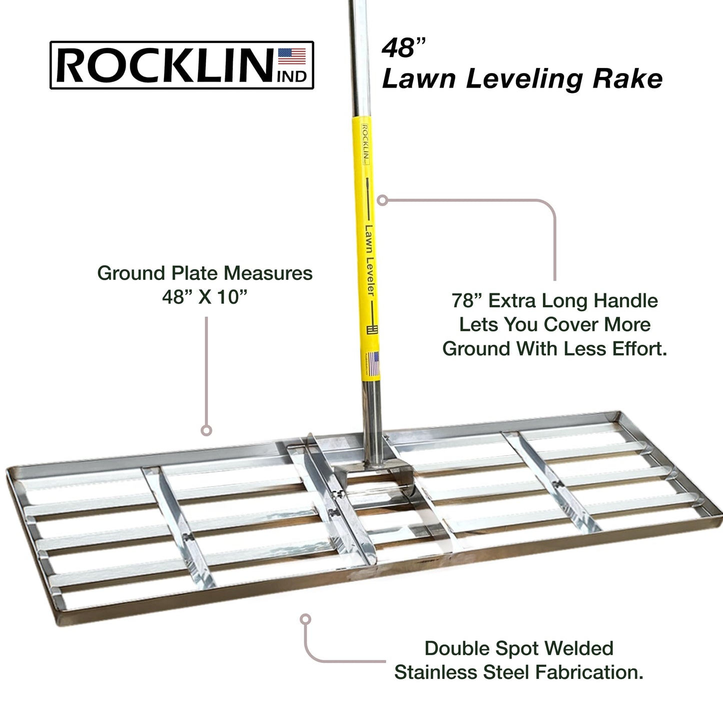 Rocklin™ Lawn Leveling Rake |Stainless Steel Surface Leveling Tool | Level Soil or Dirt Ground Surfaces Easily | 48” x 10” Ground Plate | 78” Extra Long Handle