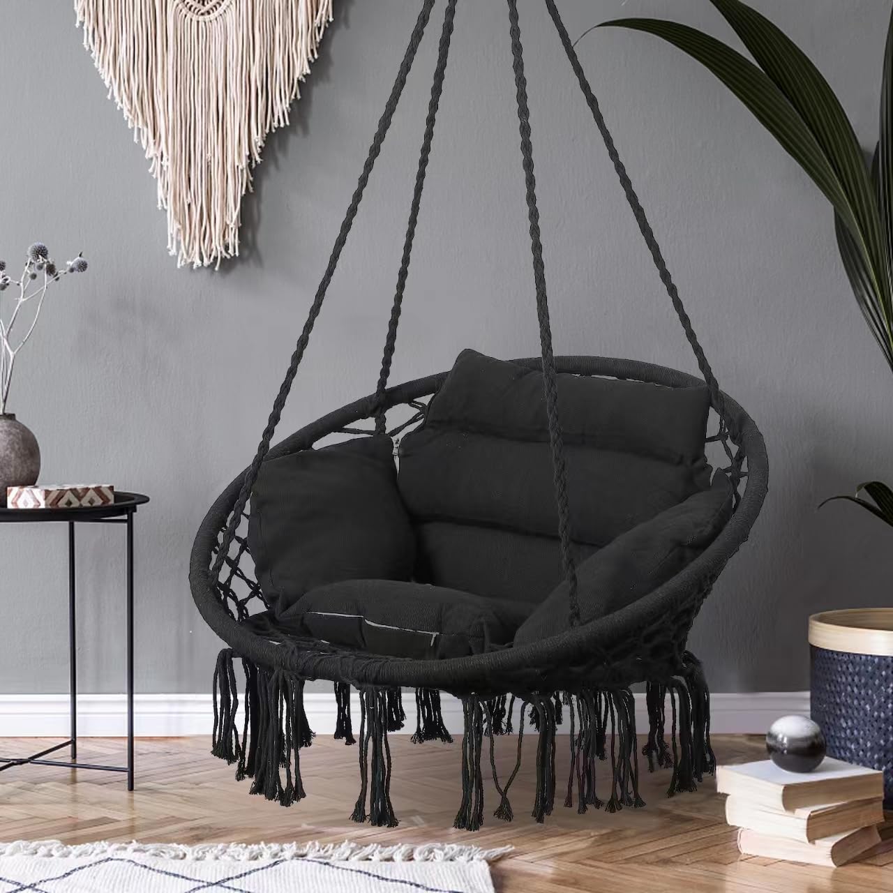 Goutime Hammock Chair with Hanging Hardware Kit and Back Cushions,Macrame Boho Swing Chairs for Indoor,Outdoor,Bedroom,Patio (Black)