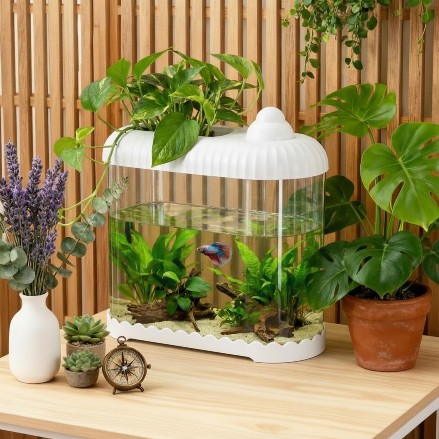 Geelin White 2 Gallon Plastic Aquaponic Betta Fish Tank Large Bowl Shatterproof Small Ecosystem Aquarium with Secure Buckle Lid, Clear Clarity for Terrarium, Flower Vase Betta Fish Tabletop Gifts
