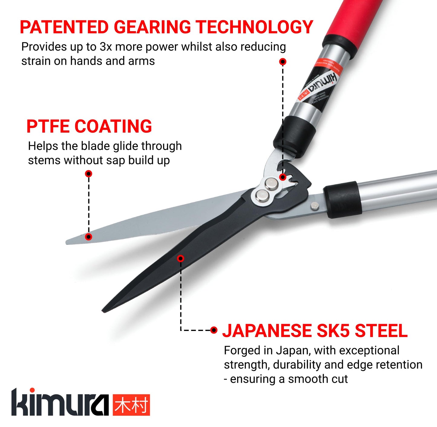 Kimura® Pro Telescopic Garden Shears - Premium Hedge Shears, Patented Gearing Technology, Lightweight Extendable Aluminium Handles, Japanese SK5 Steel Blades, Heavy Duty Gardening Shears - 650-850mm