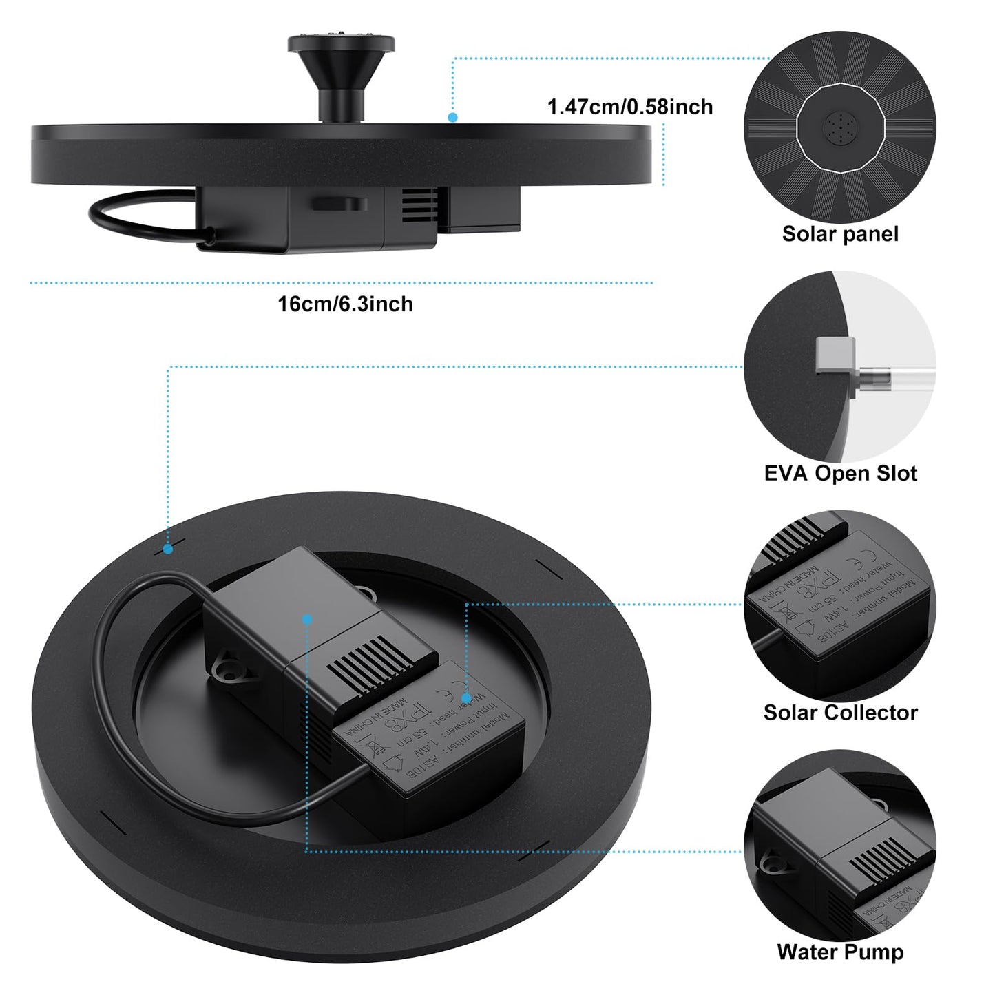 Priksia Solar Water Fountains,Solar Powered Bird Bath Fountain with 6 Nozzles - Free Standing Floating Solar Fountains for Bird Bath, Garden, Pond, Pool (Black-1.4W)