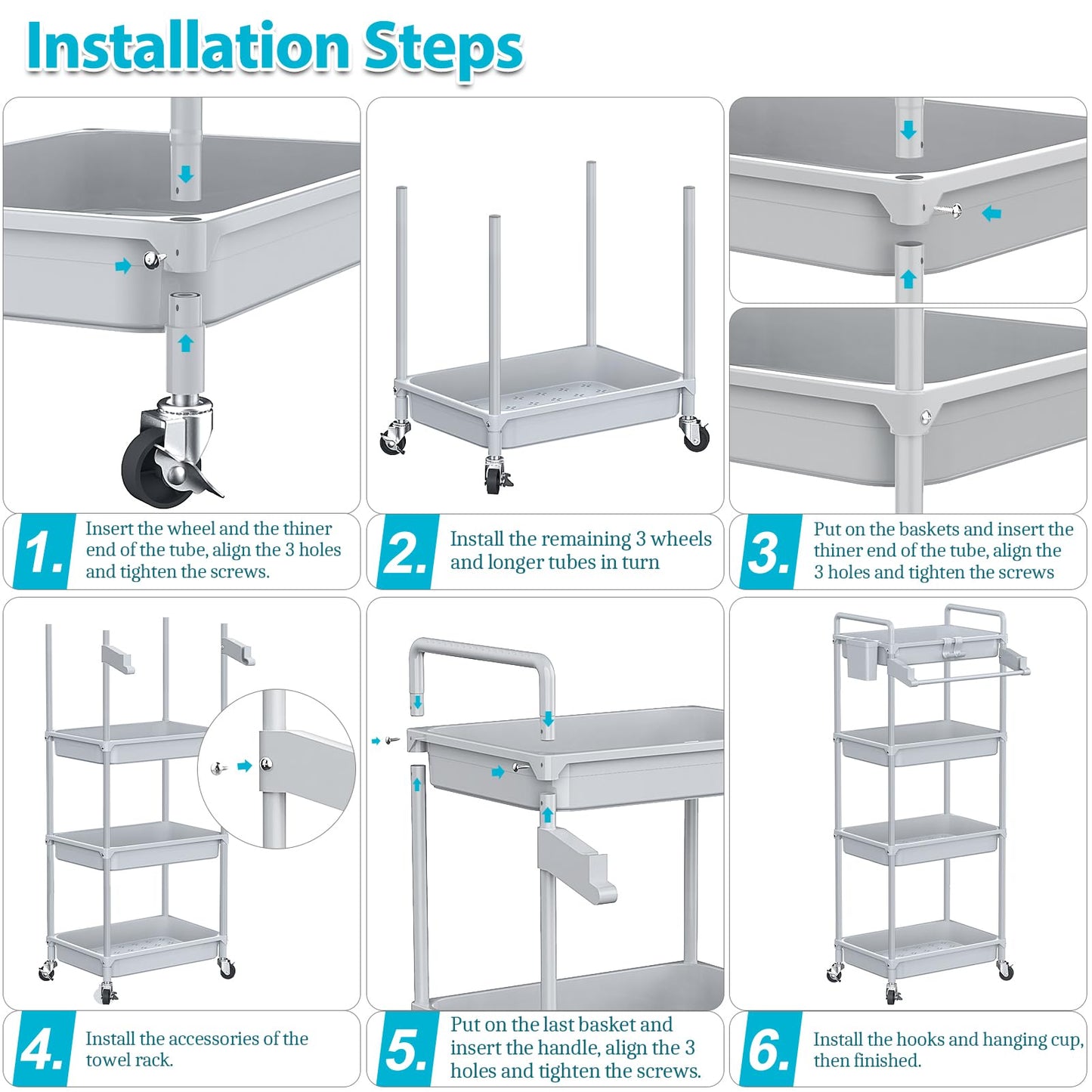 SPACEKEEPER Rolling Storage Cart, 4-Tier Bathroom Organizer Utility Cart Laundry Room Organization Mobile Shelving Unit with Towel Rack, Lockable Wheel, Hooks & Cup for Kitchen Bedroom Office, Grey