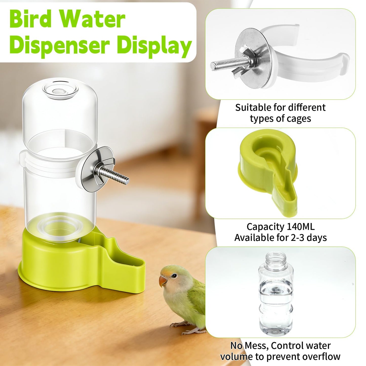 Bird Water Dispenser for Cage Automatic Bird Cage Water Dispenser 2pcs 4.73 Fl Oz Birds Water Feeder for Cages Plastic No Mess Suspended Birds Bottle No Drip for Budgie Conure Lovebirds Cockatiel