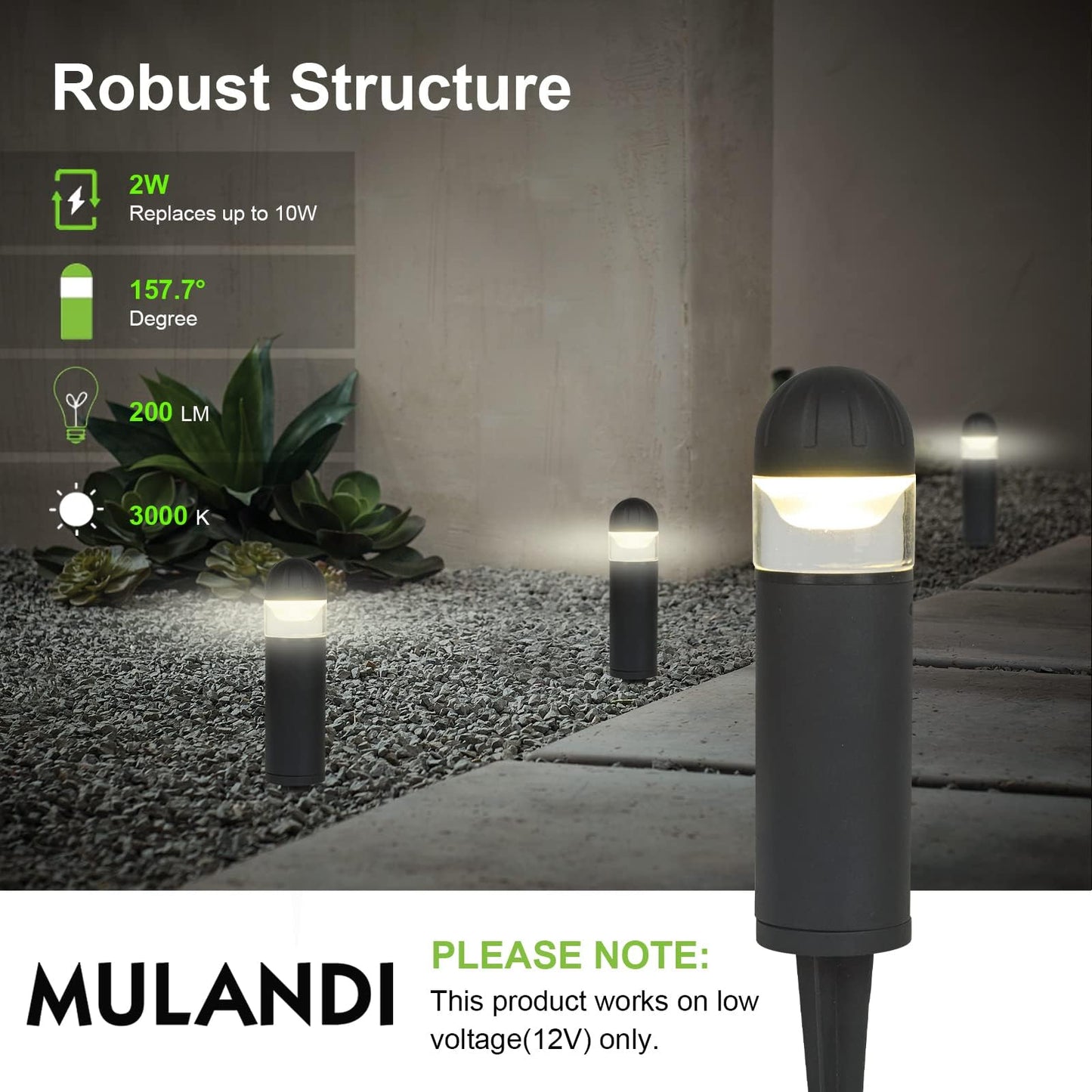 MULANDI LED Landscape Bollard Pathway Light, 2W, DC 12V Low Voltage Path Lighting Outdoor Waterproof, Die-Casted Aluminum Housing for Garden Light, 3000K Warm White Pack of 4