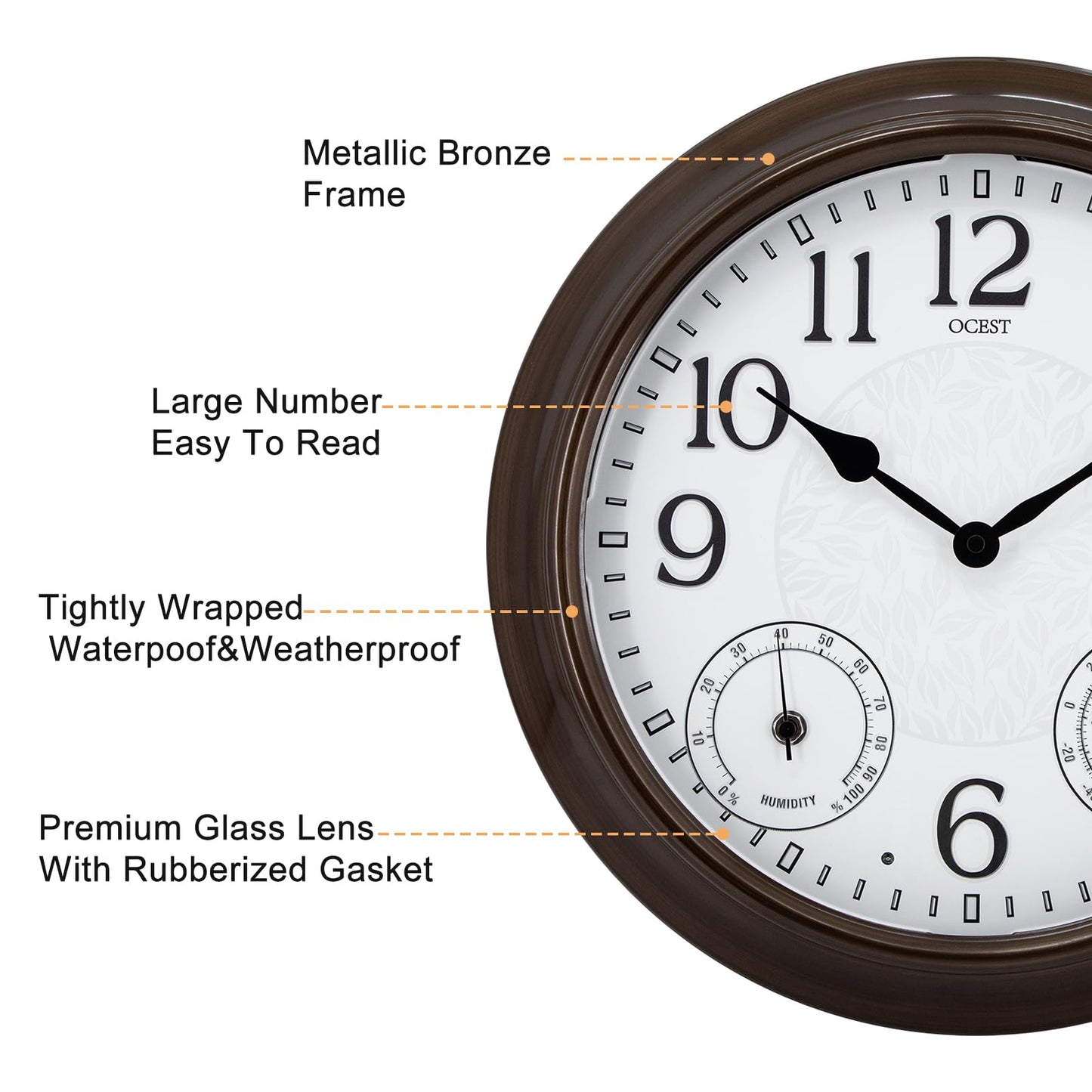 OCEST 15 Inch Illuminated Large Outdoor Clock Waterproof, Night Light Illuminated Wall Clocks with Smart LED Sensor, Temperature and Humidity Combo for Garden Patio Pool Garage (Metal)