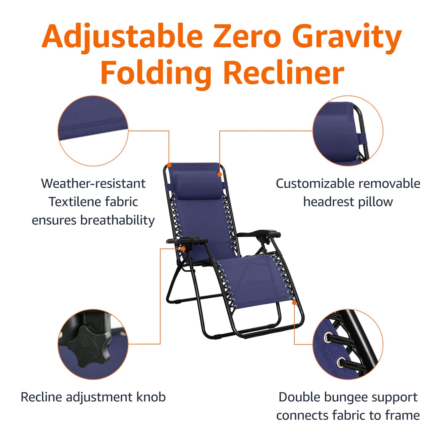 Amazon Basics Outdoor Portable Zero Gravity Reclining Lounge Chair with Headrest Pillow, Textilene, Lightweight, 26", Blue