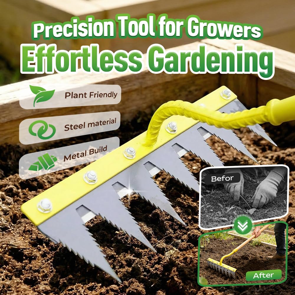 Iron Weeding Rake 2.0, Heavy Duty Garden Hand Weeder Rake, 4/5/6/7 Teeth Weeder Tool for Yard Lawn Garden, Manual Weed Puller Gardening Weeding Tool (4 Teeth)