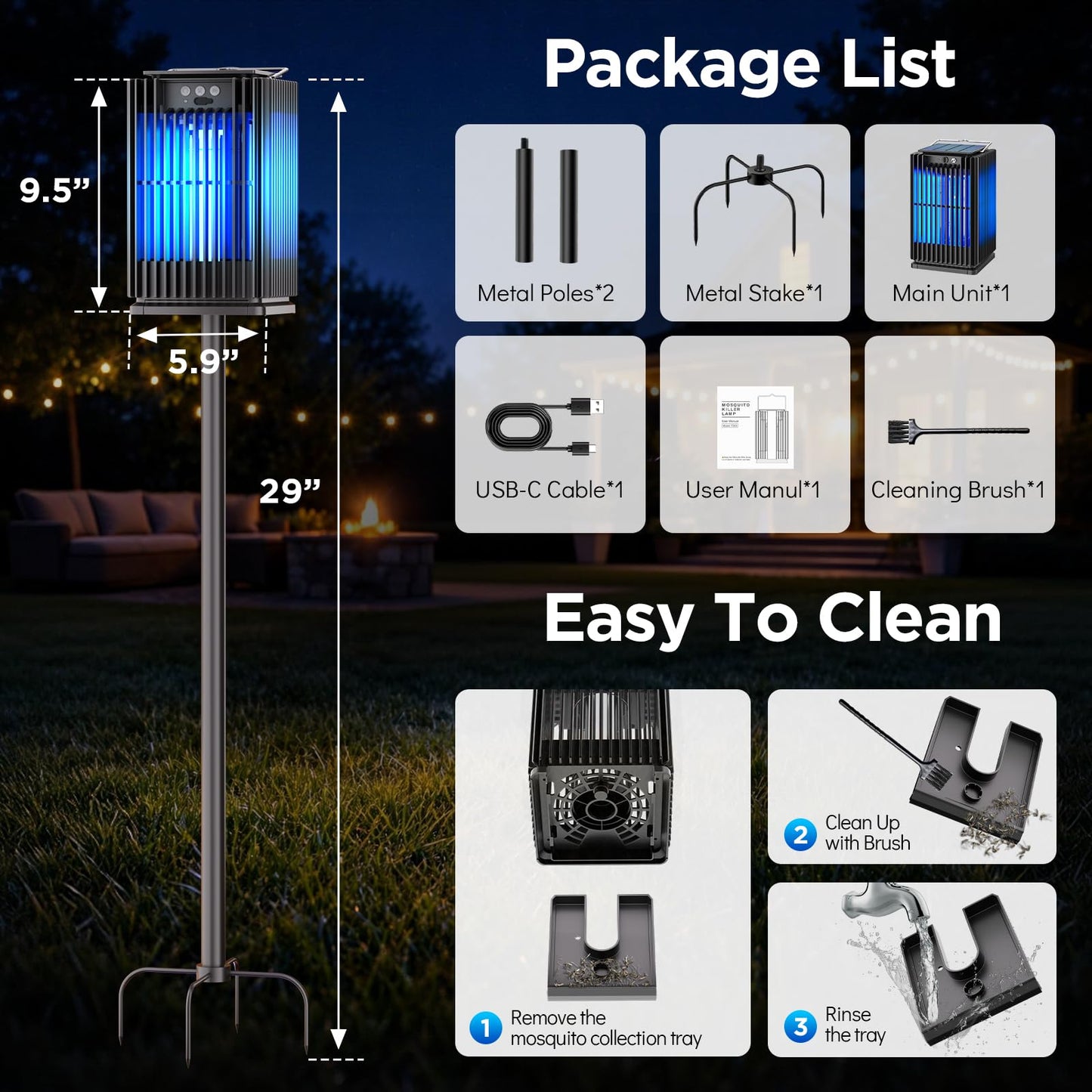 Outdoor Solar Bug Zapper-4200V Cordless Electric Mosquito Zapper with Waterproof Design & Smart Sensor-5000mAh Rechargeable Fly Zapper with Night Light-Mosquito Repellent for Patio, Backyard, Camping