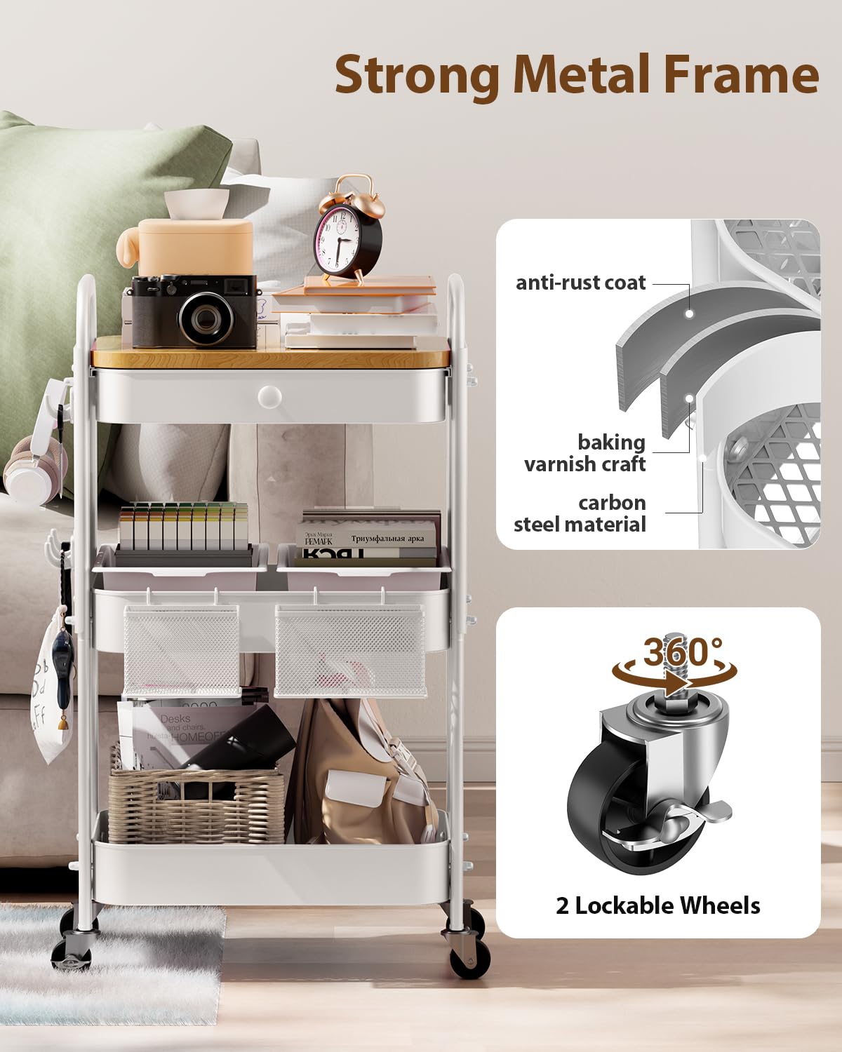 ALVOROG Rolling Cart with Drawer and Wood Table Top, 3 Tier Metal Rolling Utility Cart on Wheels with DIY Pegboards, Hanging Baskets, Hooks for Kitchen, Bedroom, Office, Craft Supplies