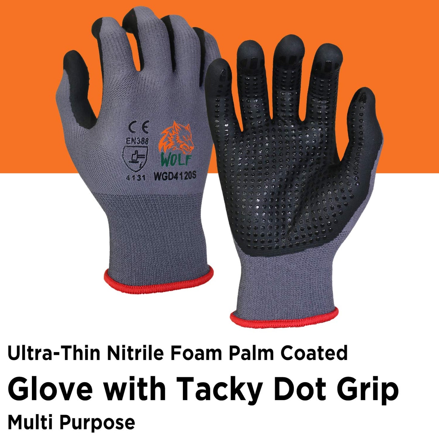WOLF Ultra-Thin Nitrile Foam Palm Coated Glove with Tacky Dot Grip, Multi Purpose (12, Small)