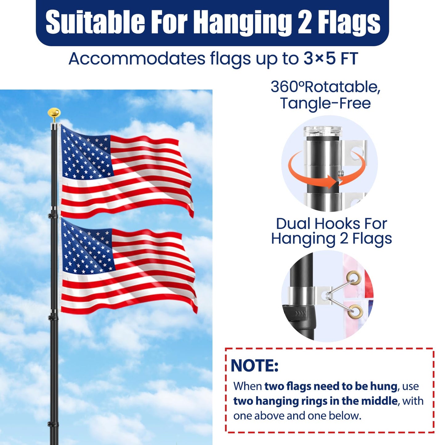 20FT Tailgate Flag Pole with Tire Mount, Fits RV Pickup SUV Sedan, Portable RV Flag Pole with 20" High-Density Foam Protective Tube, Thickened Aluminum Flag Pole with an Flag, 60 MPH, Dual Flag Mount