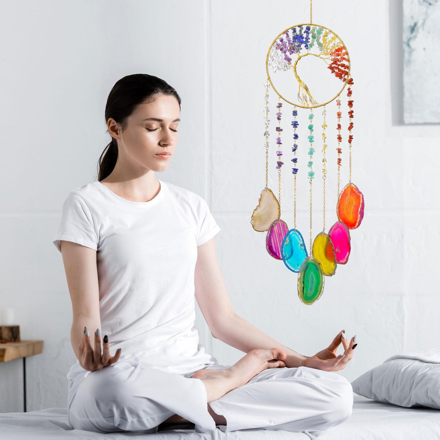 Yoption Tree of Life Agate Slice Wind Chime, Handmade 7 Chakra Healing Crystal Stone Wind Chime for Home Wall Garden Decorative Ornament, Unique Gift