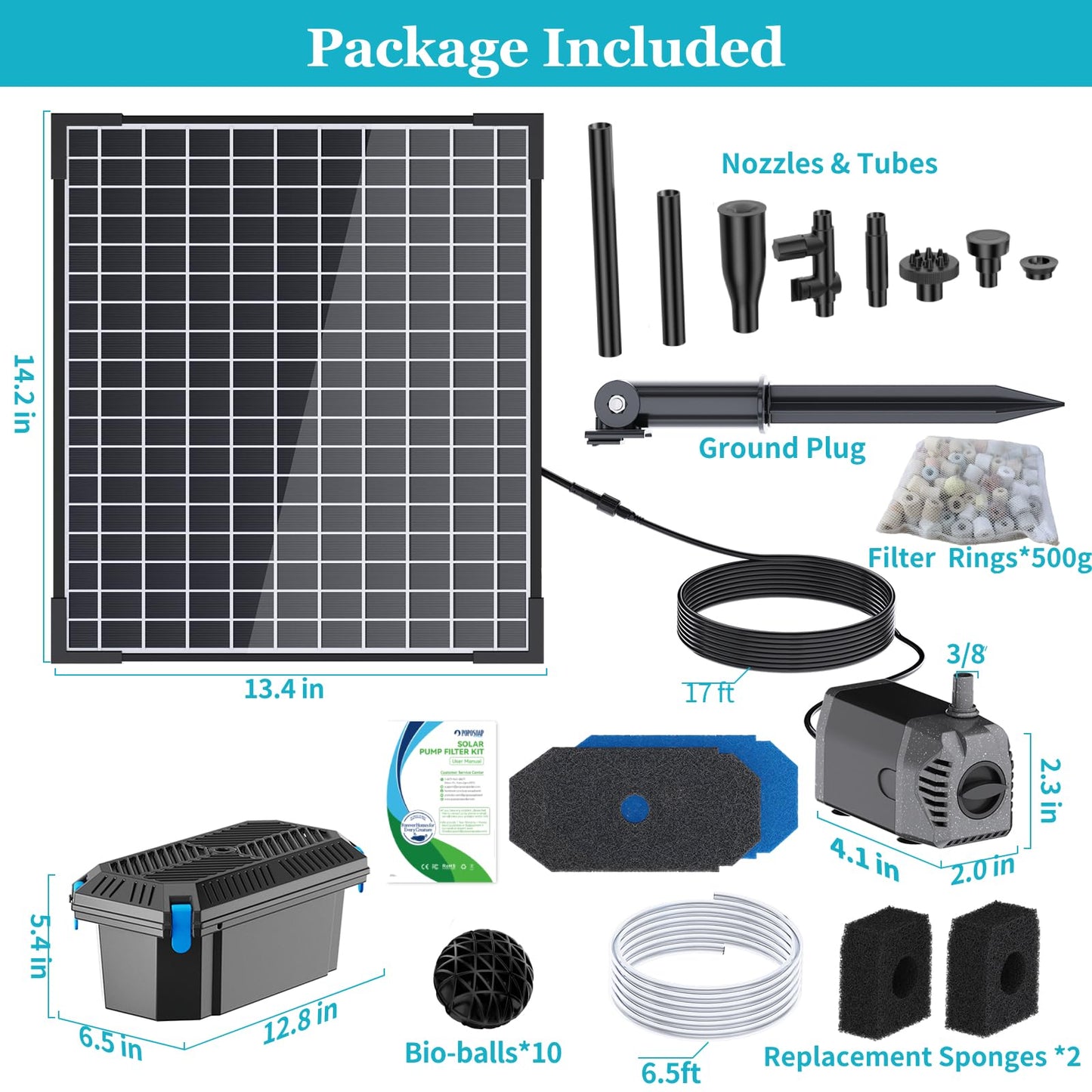 POPOSOAP 25W Solar Pond Filter with Water Pump, Solar Pond Filter Box with Water Flow Adjustable, Pond Pump with PVC Tubing for Outdoor Pond Fish Tank Waterfall Garden Water Feature-P3253