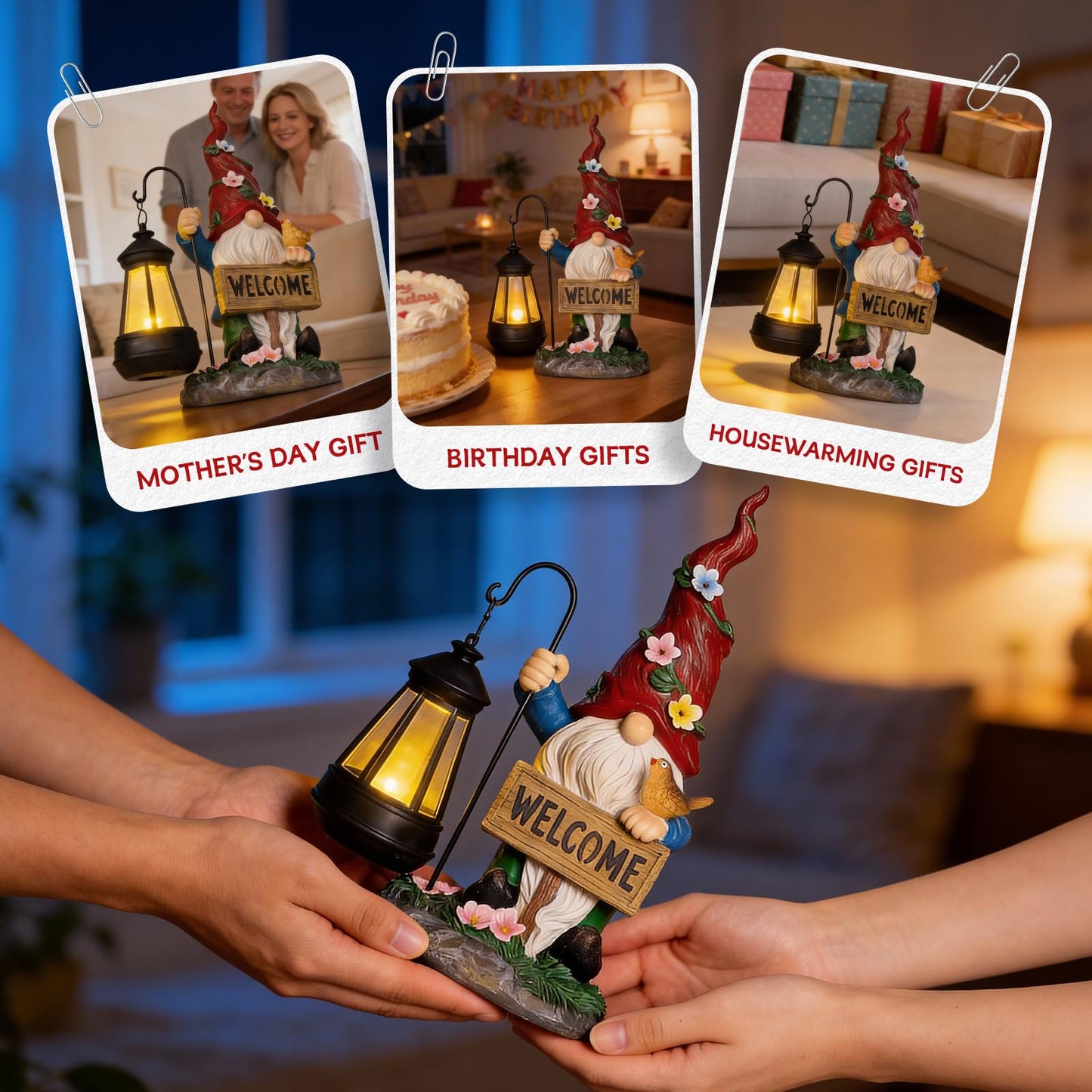 Garden Decor Gnomes Outdoor Statue with Solar Lights-Solar Garden Gnomes Decorations for Patio Lawn Yard Balcony with Lantern,Welcome Sign with Butterfly Flower, Birthday Gifts for Women Mom Grandma