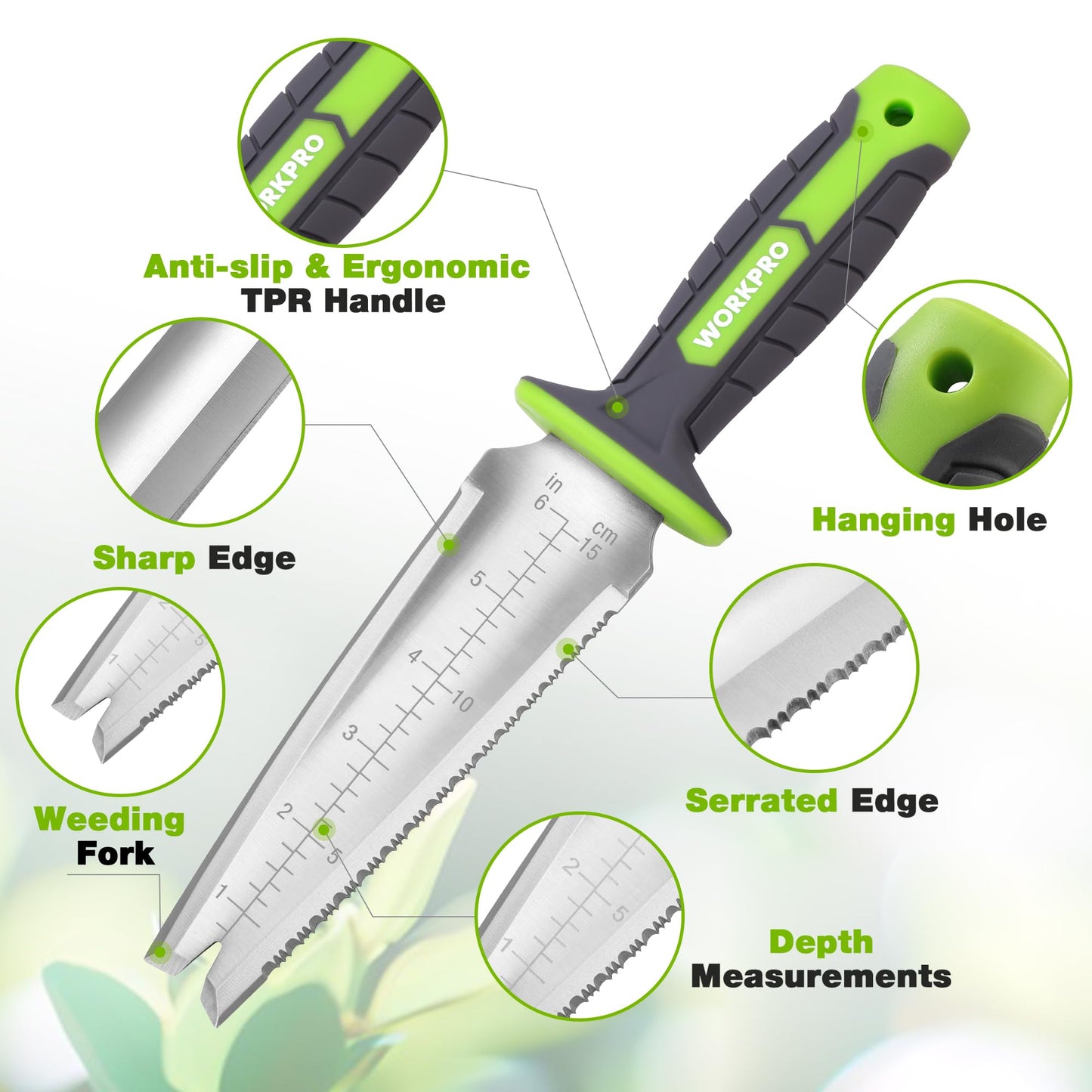 WORKPRO Hori Hori Garden Knife, Garden Tools with Oxford Sheath, 7" Stainless Steel Blade with Cutting Edge, Multi-Purpose Weed Puller tool with Hanging Hole for Planting, Weeding, Digging