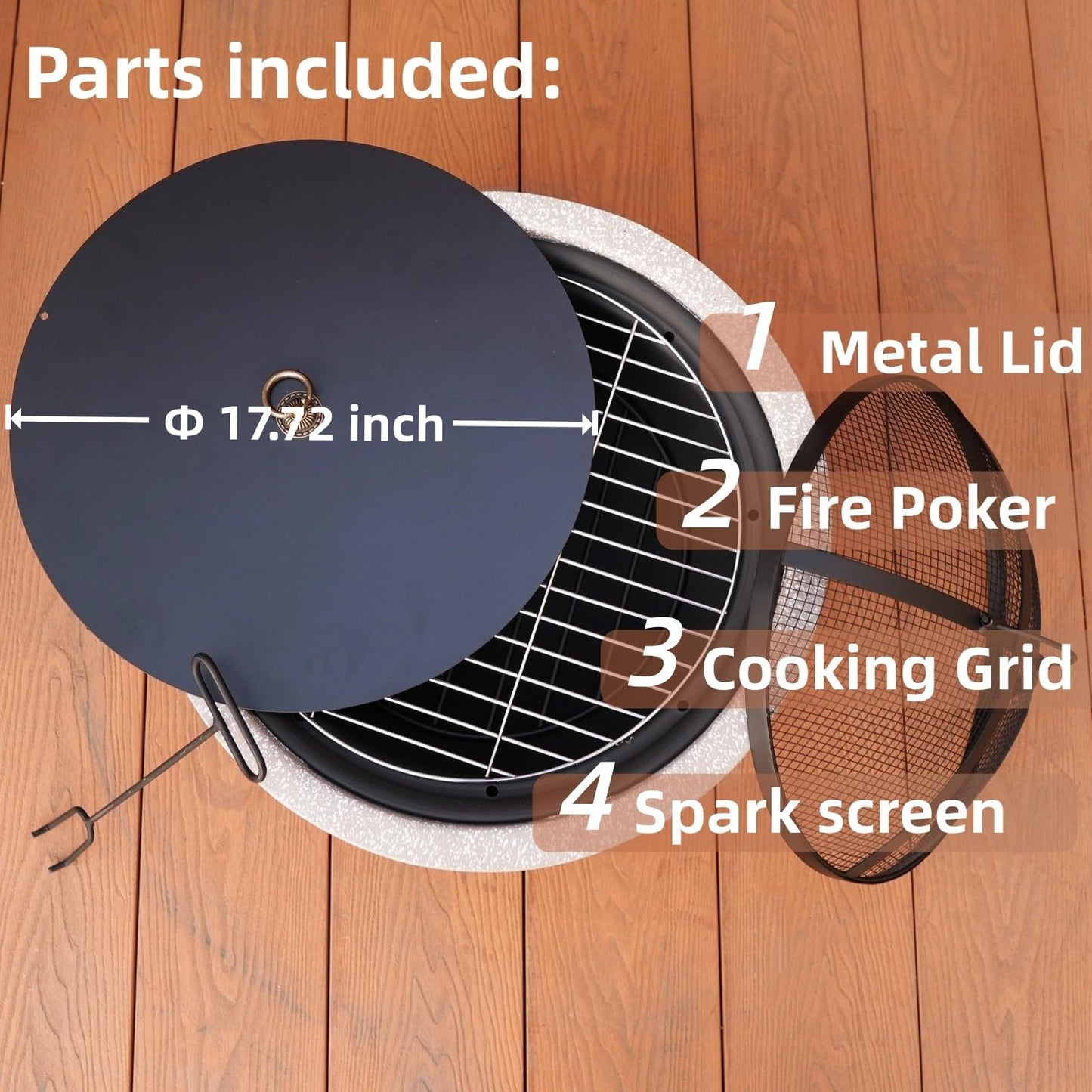 Fire Pits for Outside Wood Burning with Metal Lid & Grill,Outdoor Round Firepit with Fire Poker,Spark Screen,3-in-1 Fire Pit for BBQ,Table and Bonfire (Grey 3)