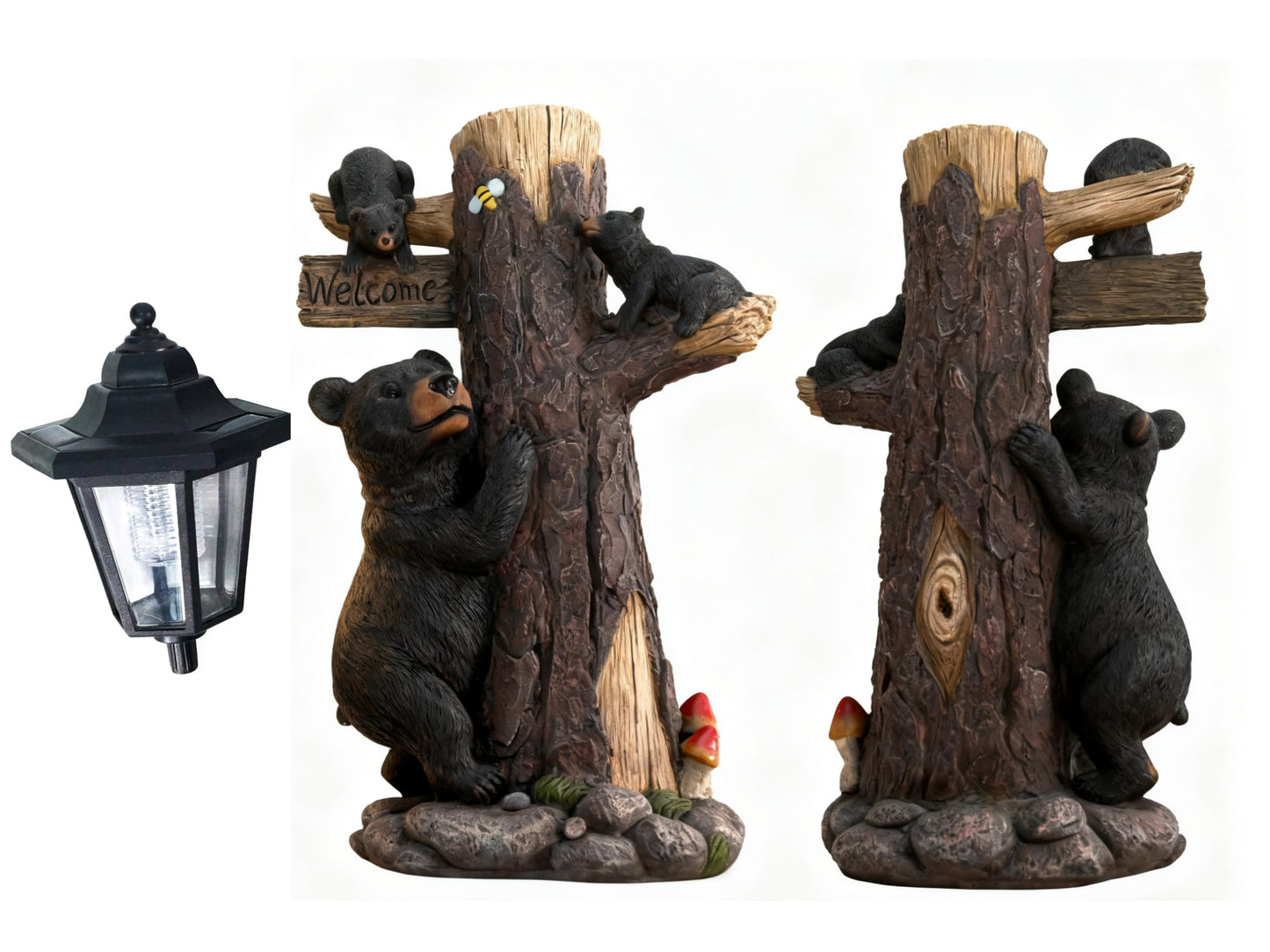 Oritty Bear Statue Welcome Sign Garden Statue with Solar Lights, 19 Inches Resin Bear Family on The Tree, Outdoor Bear Décor for Yard, Garden, Lawn, Patio, Black, Spring Decorations for Home