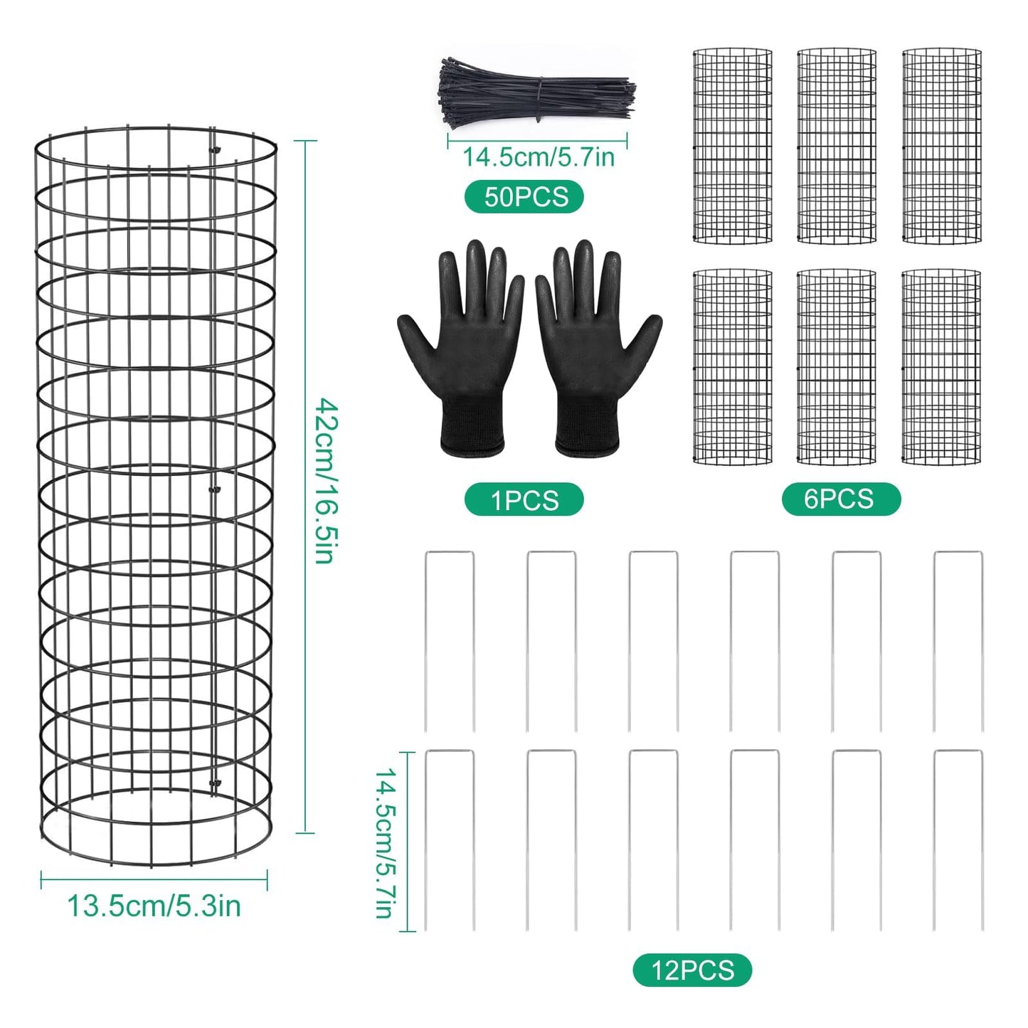 6Pack Tree Trunk Protector, Metal Tree Guards Trunk Protector with Zip Ties & Metal Stakes & Glove, Tree Bark Protector, Tree Protectors from Deer Animals Trimmers 5.3'' Dia x 16.5'' H (6 Pcs)