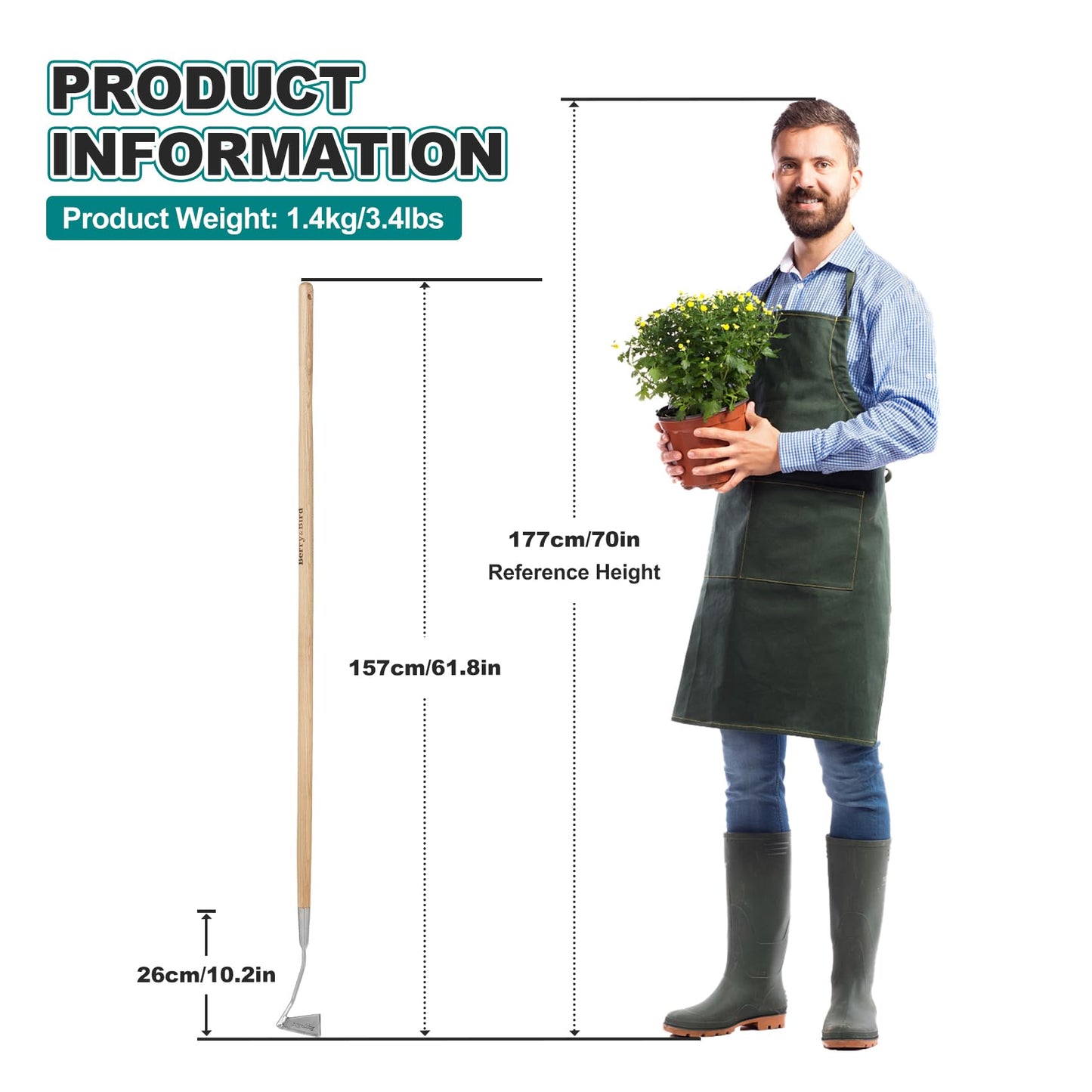 Berry&Bird Swoe Garden Hoe, 61.8'' Stainless Steel Long Handled 3 Edge Hoe with Wooden Hand, Mini Angled/Warren Hoe, Soil Cultivator Weeding Tool for Grass Flower Backyard