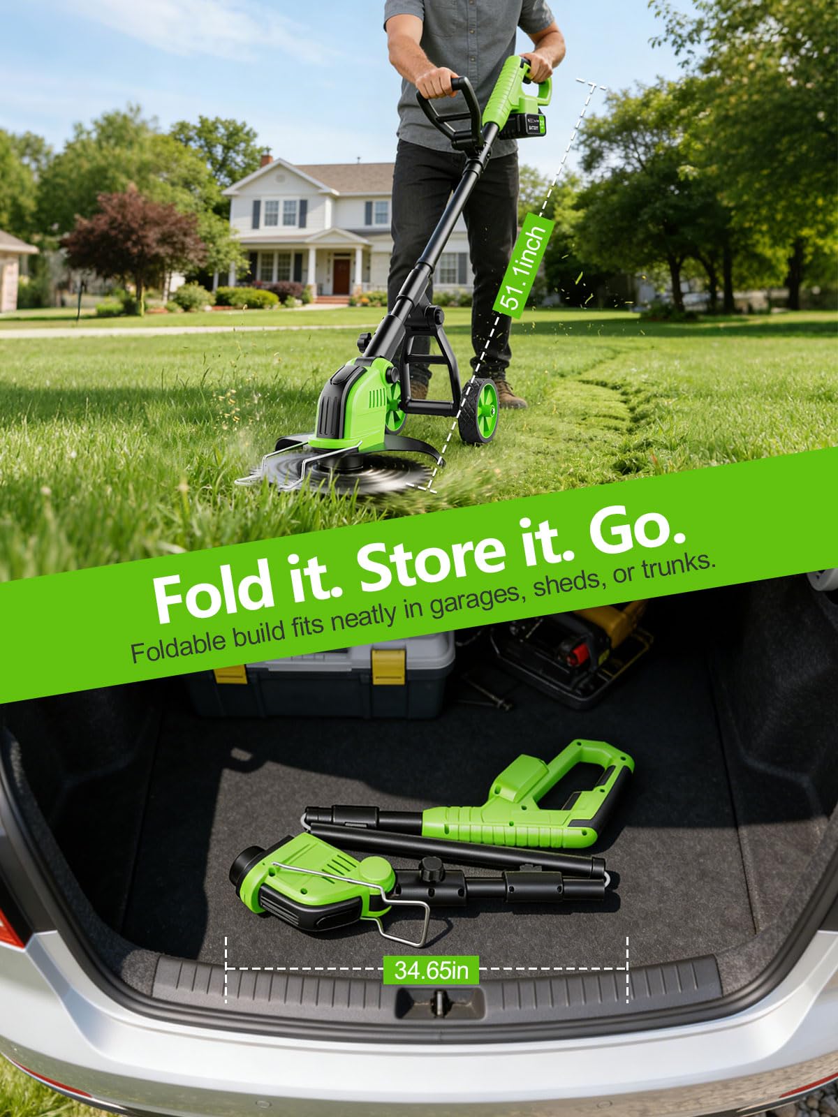 20,000RPM Cordless Electric Weed Wacker, 800W Brushless Weed Eater with Wheels, 12" 4-in-1 String Trimmer Lawn Edger Mini Lawn Mower Brush Cutter, Foldable, 21V, 2Ã4.0Ah Batteries Power Display