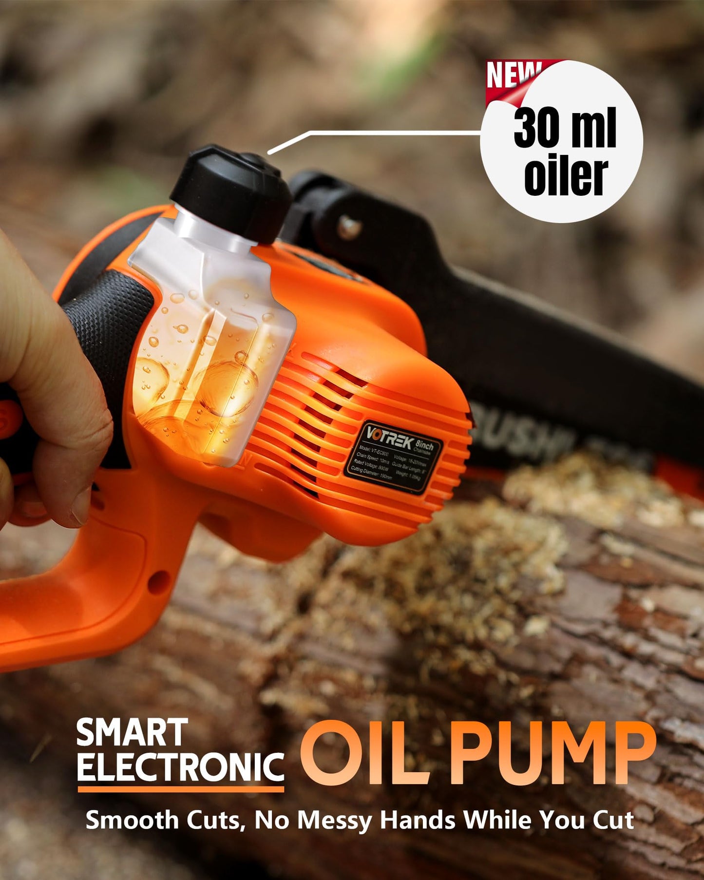 VOTREK® 8-Inch Mini Chainsaw Cordless, 2 x 3.0Ah Batteries, Electric Chain Saw with 2 Chains, Brushless Motor, Auto Oiler, Tool-Free Tensioner for Tree Trimming and Yard Cleanup
