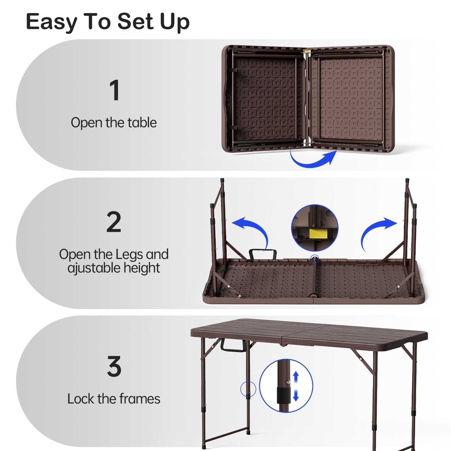 VSOAEIL Folding Table 4 Foot for Indoor Outdoor, Portable Heavy Duty Fold-in-Half Utility Small Plastic Adjustable Height Folding with Carrying Handle for Picnic Camping and Party, Brown