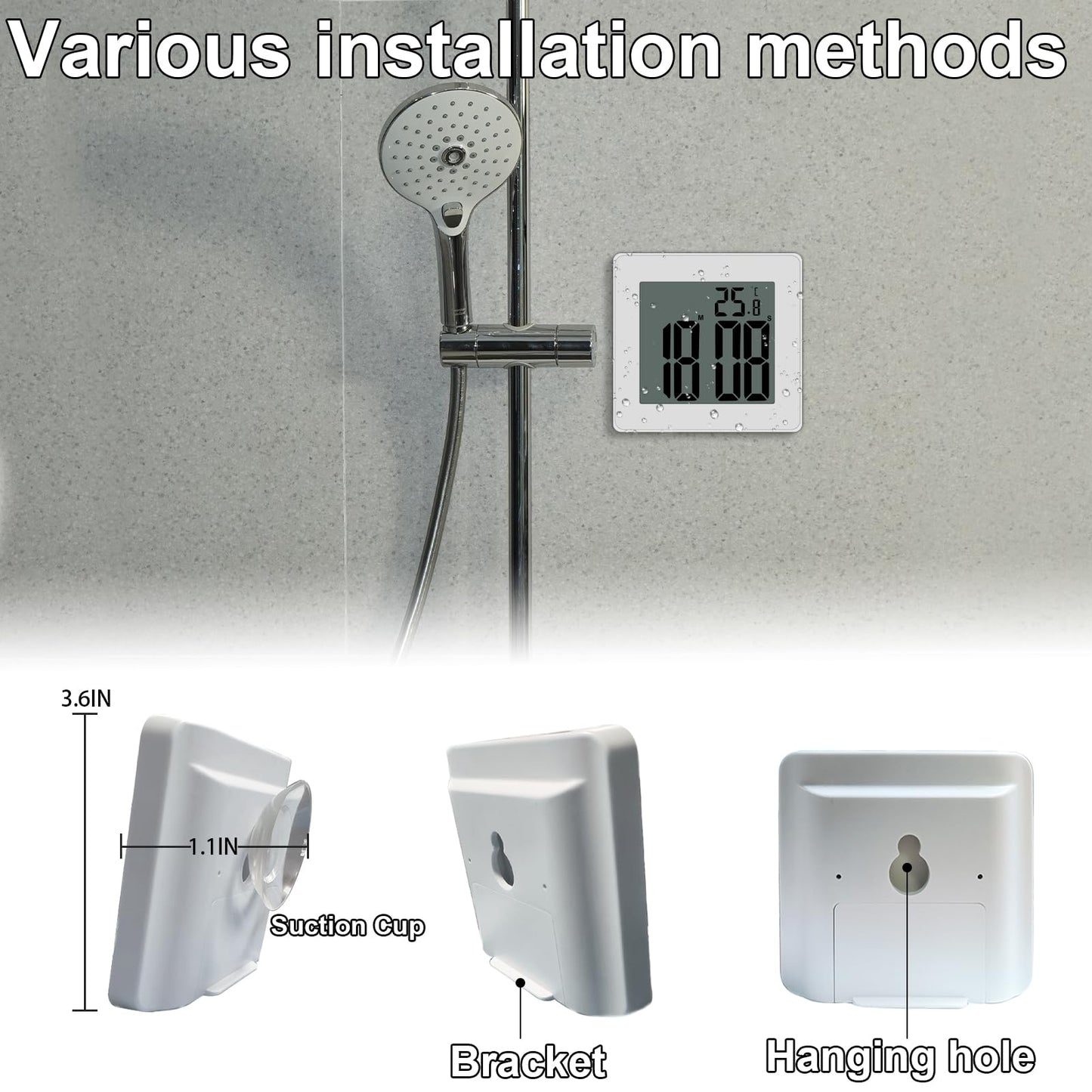 CENTOLLA Digital Shower Clock, Large LCD Display Waterproof Timer for Shower, Suction Cups for Home (White) - Only Military time and ℃ Display