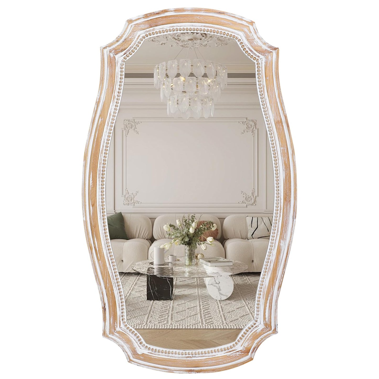 HOITUZYUS 36x24 Inches Rustic Scalloped Wall Mirror, Baroque Curved with Beaded, Distressed Wooden Decorative Mirros for Living Room, Bedroom, Entryway - Horizontal or Vertical