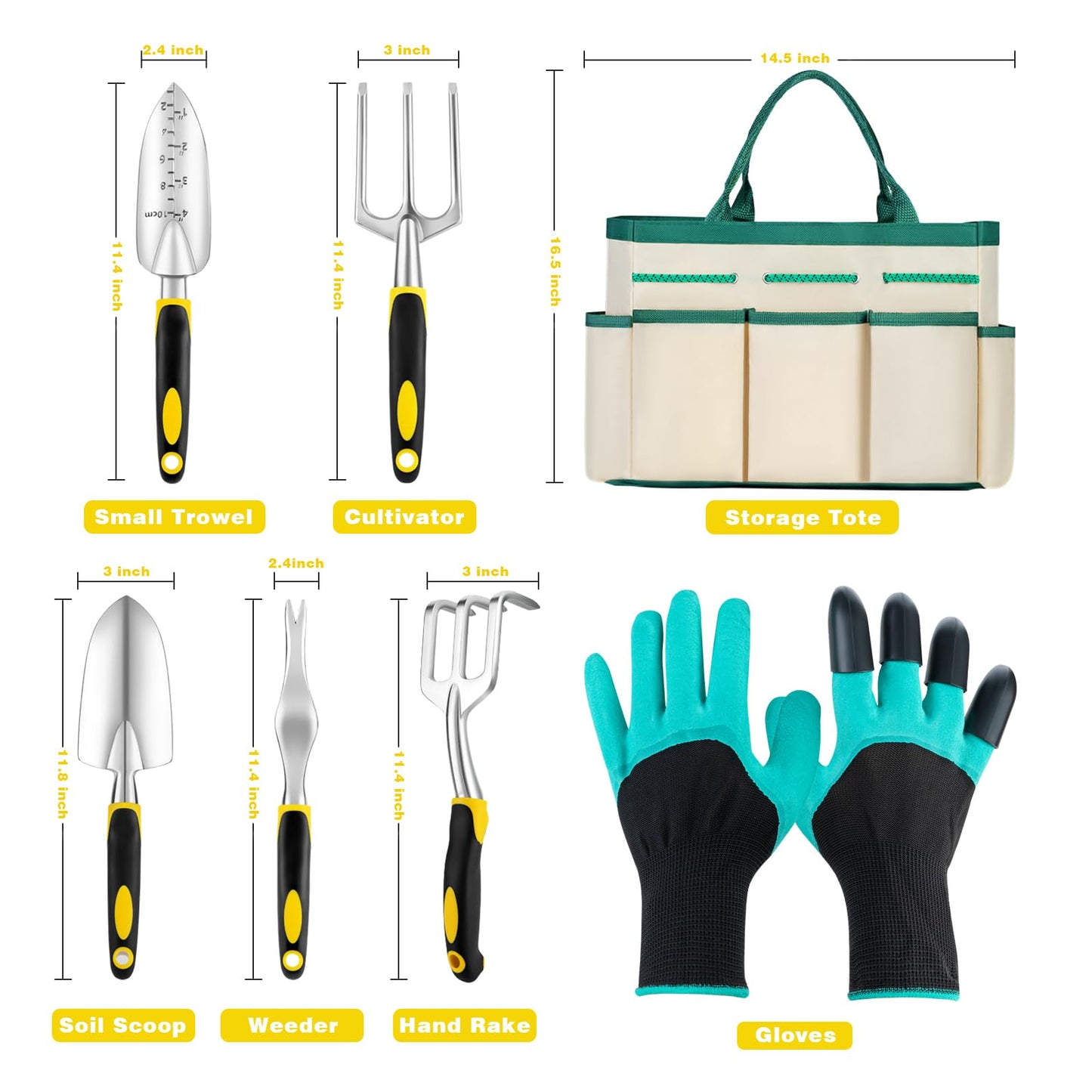 FrutPunch Garden Tools, Ergonomic Gardening Tools, Gardening Hand Tools Aluminum Alloy Material, 7-piece an Ideal Gardening Gift for Women, Men and Parents, Yellow
