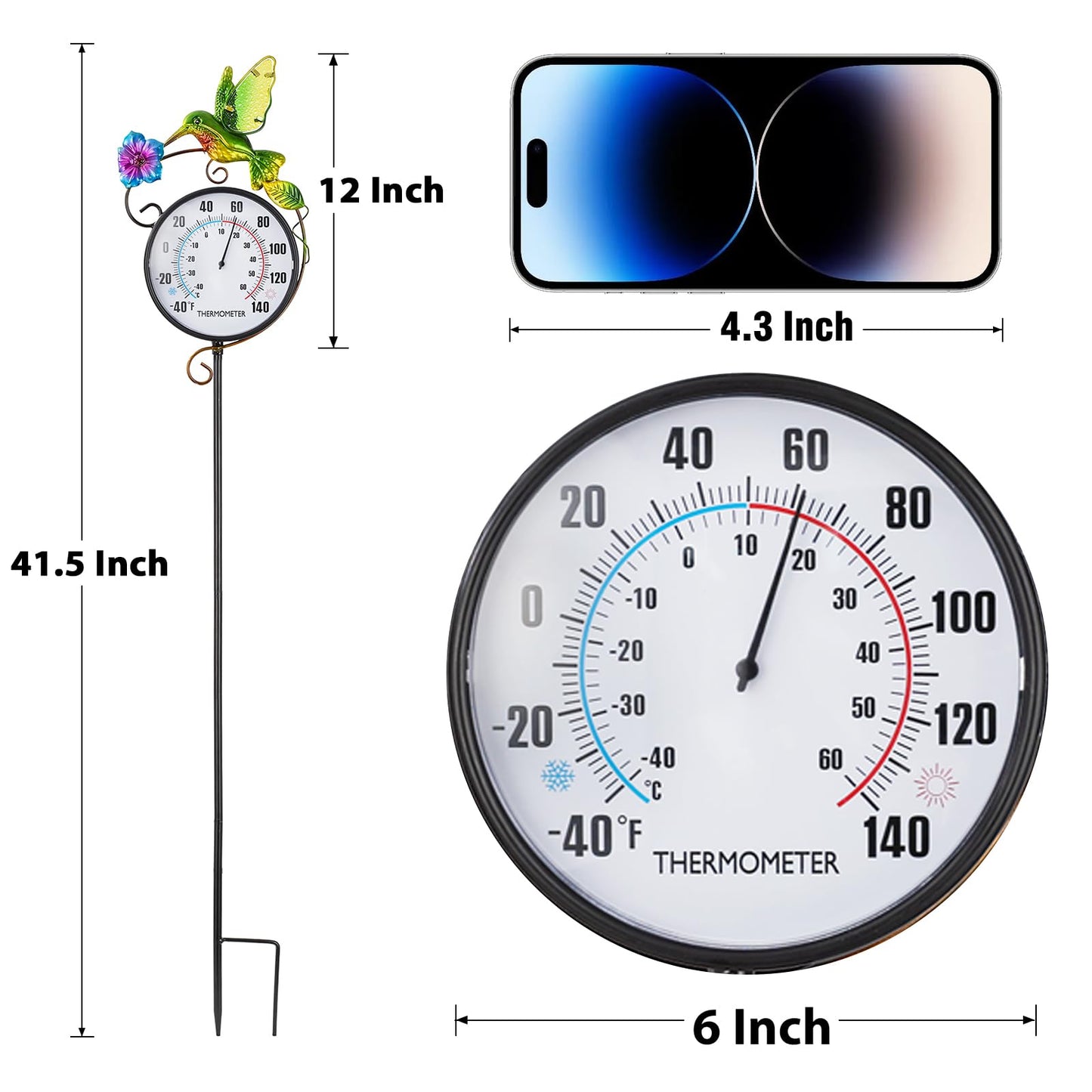 Outdoor Thermometer, Hummingbird Hanging Wall Thermometer & 42" Metal Garden Stake Outside Thermometers Waterproof Decorative for Patio,Lawn,Room,Greenhouse, No Battery Required Garden Gifts