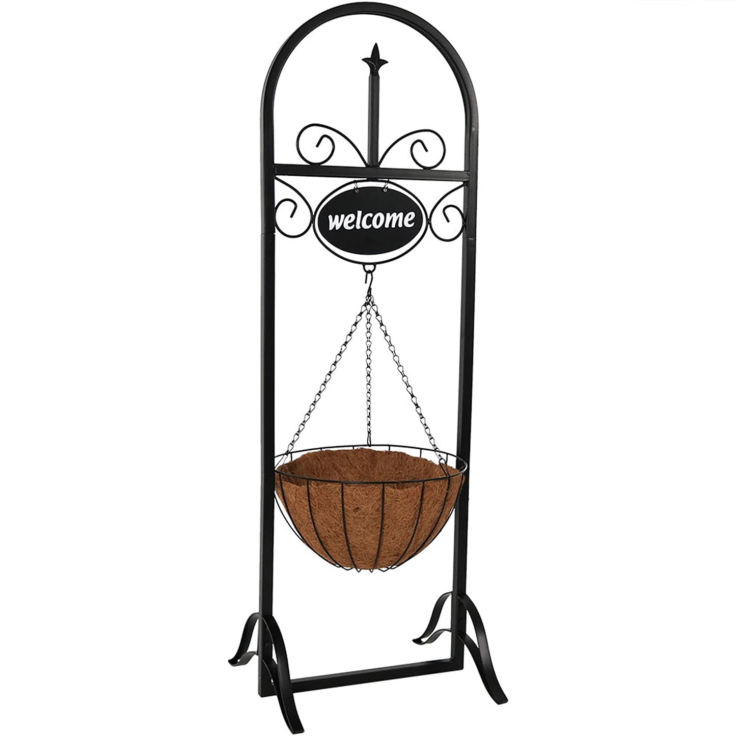 Sunnydaze Hanging Basket Planter Stand with Decorative Welcome Sign - 48-Inch Tall