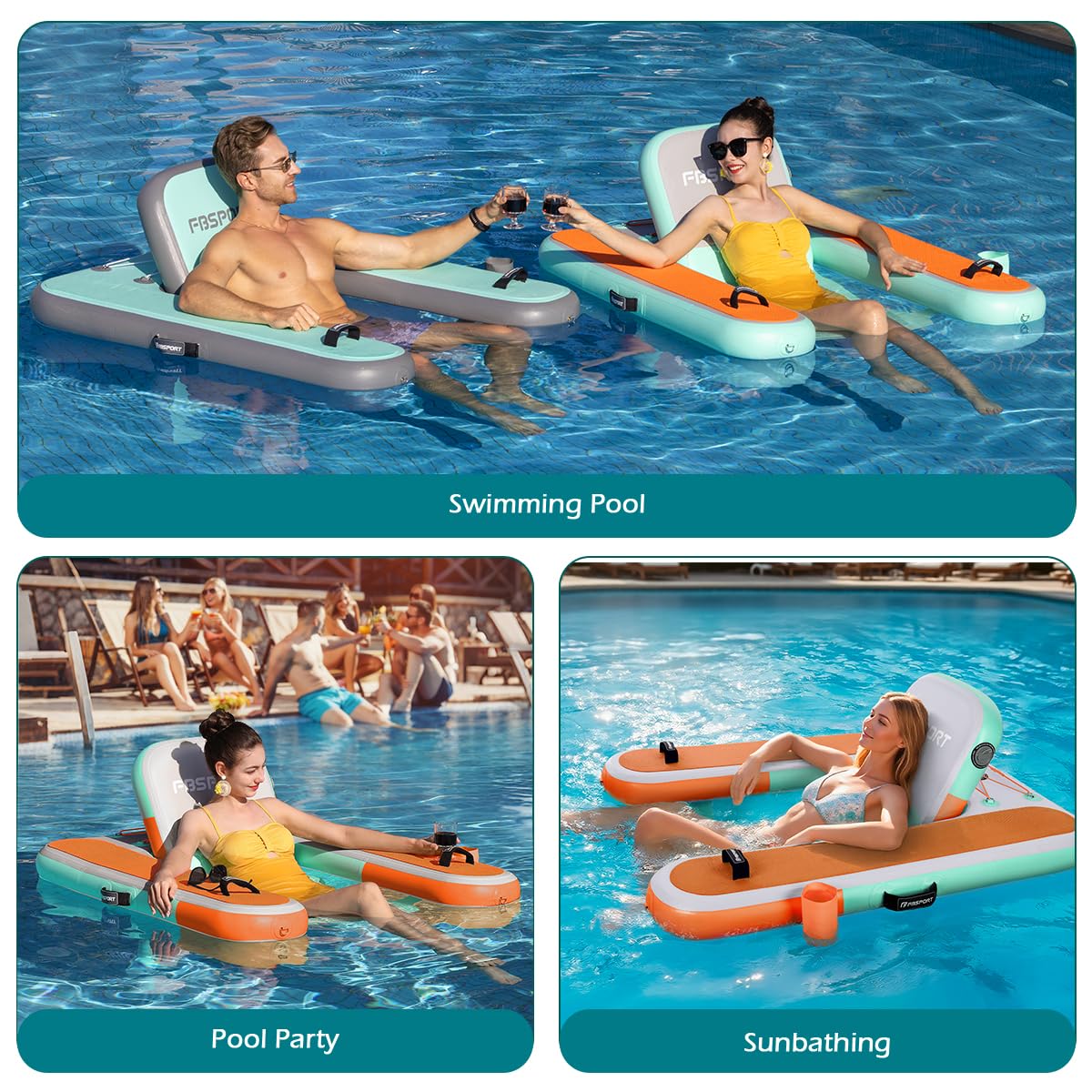 FBSPORT Inflatable Pool Float Lounger for Adults, Water Floating Chair Pool Float Raft with Cup Holder and Backrest for Swimming Pool, Lake, Party and Beach