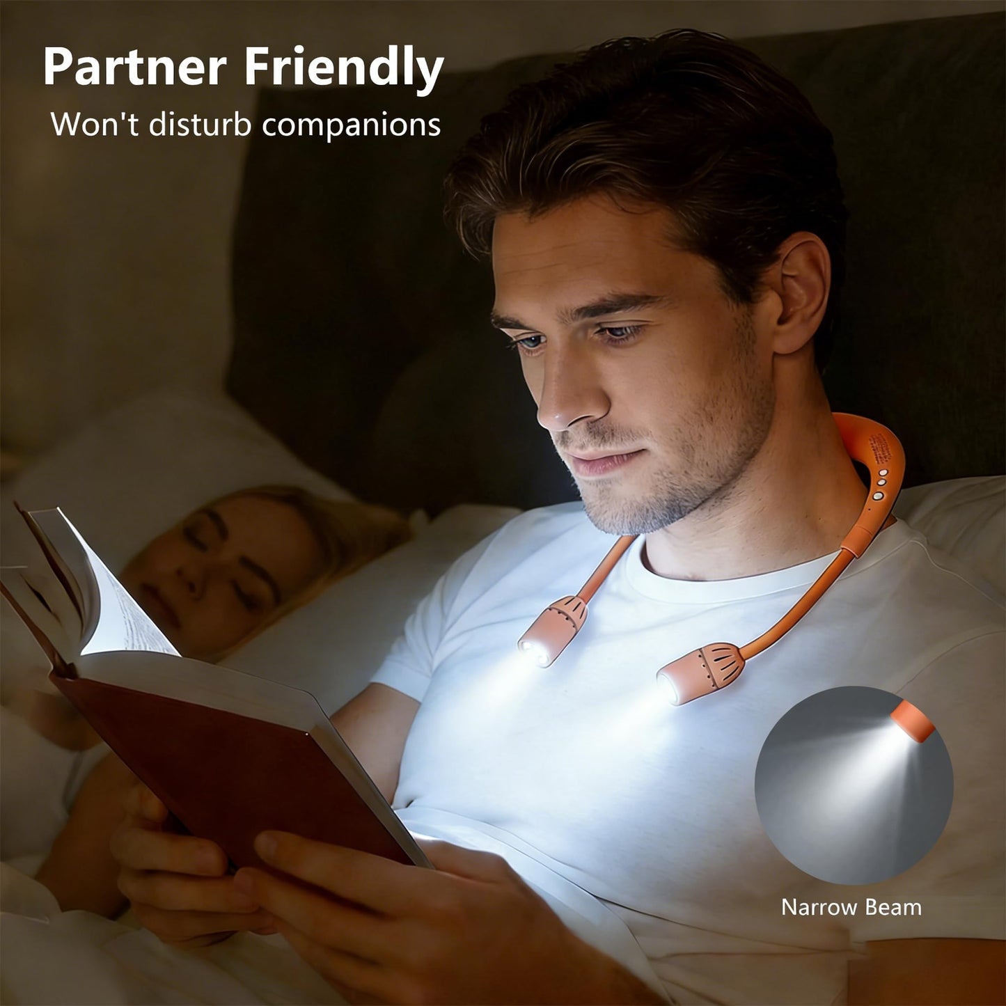 Plynvexa Neck Reading Light with Built-in Music, Hands-Free LED Book Light, 80H Runtime, 3 Brightness Levels, SOS/Flash Modes, Relaxing Music Light for Reading in Bed, Knitting, Camping-Orange