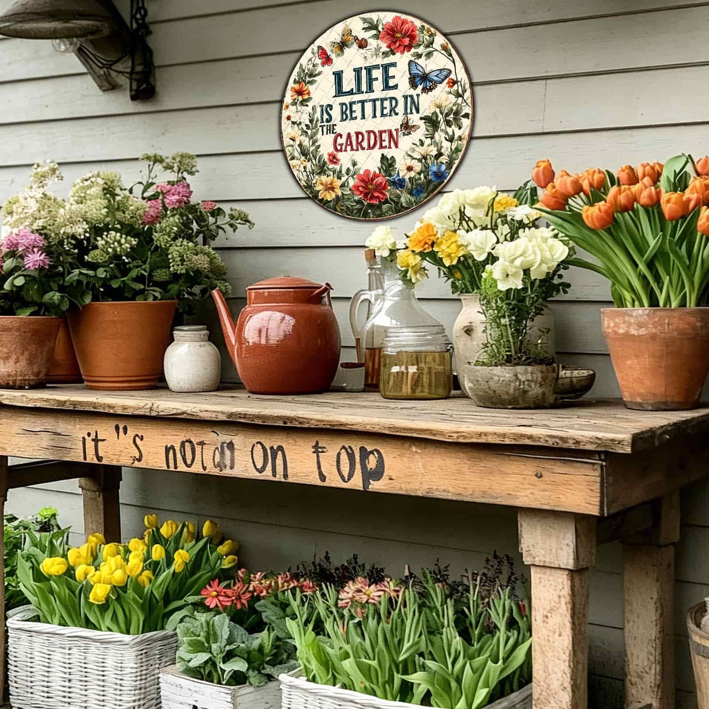 KIYOYO Funny Garden Sign Life Is Better In The Garden Wall Decor Home Patio Backyard Patio Porch Bathroom Bedroom Coffee Office Decor Round Sign 12x12 Inch