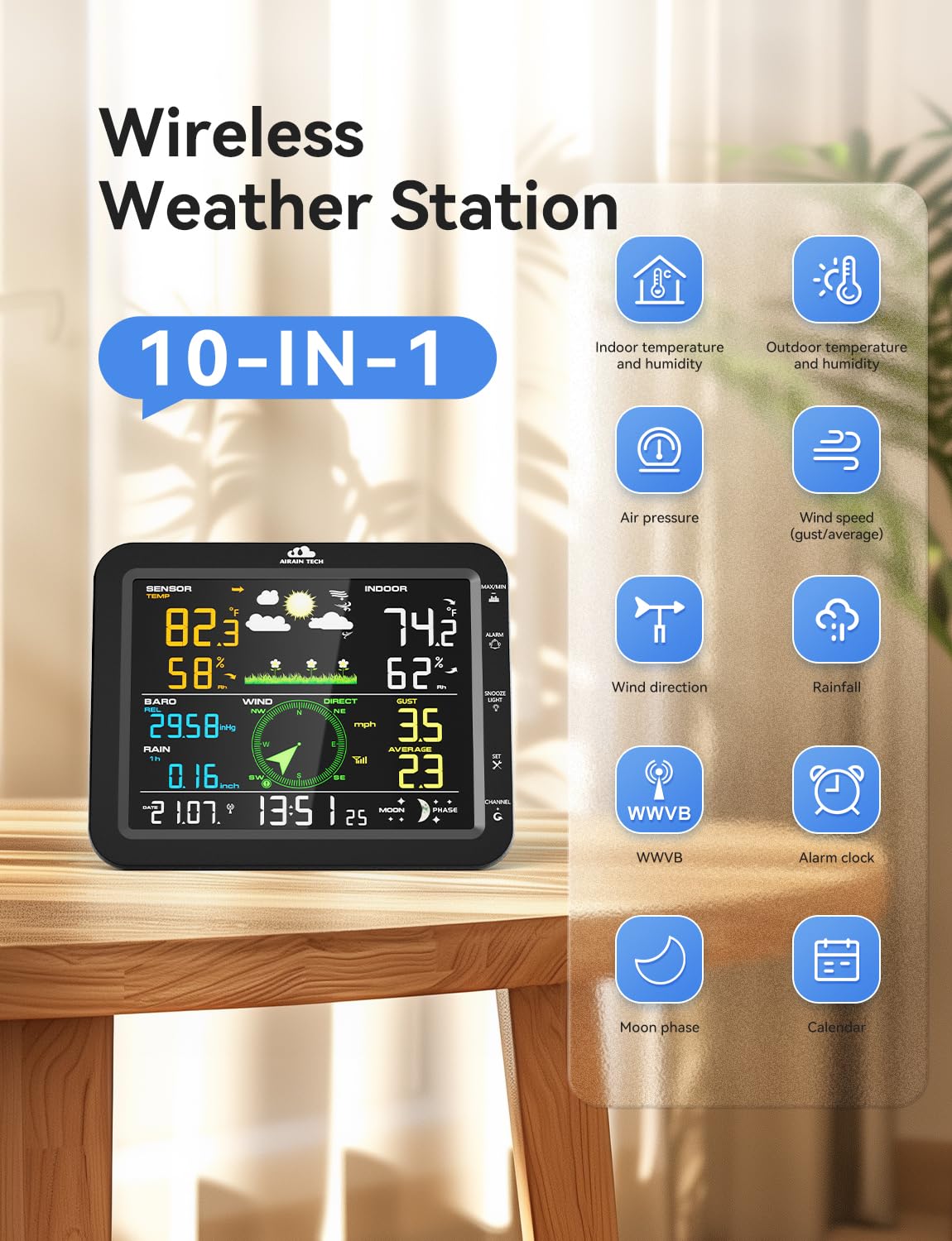 AIRAIN TECH 10-in-1 Wireless Weather Station with Outdoor Wireless Sensor,Radio Controlled Clock,Rain Gauge,Wind Speed/Direction,Moon Phase, Barometer,Temperature/Humidity,Weather Forecast (NO WiFi)