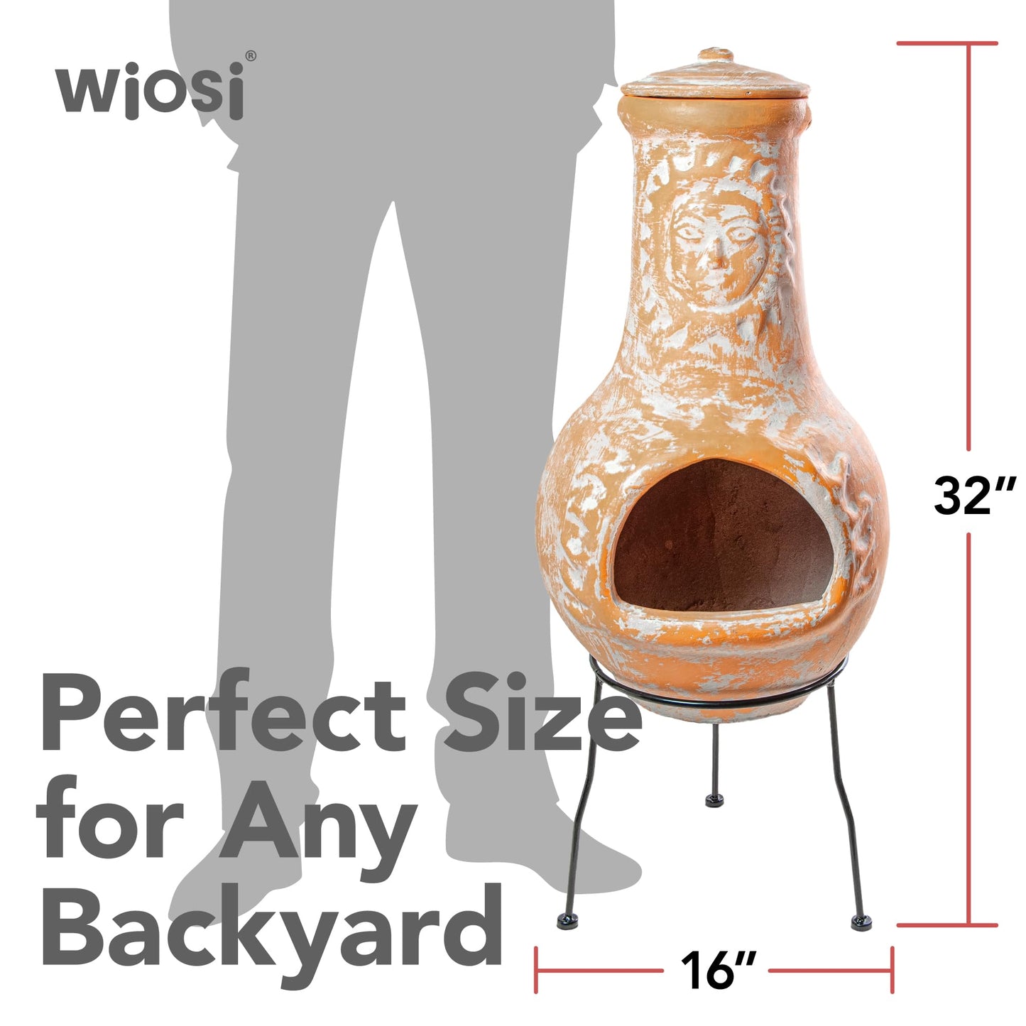 Wiosi Medium ððĩðķðšðķðŧðēðŪ Outdoor Fireplace for Patio Clay Chimineas with Chimney Rain Lids and Solid Metal Stands - Yellow Terracotta Chimenea - Rustic Wooden Fire Pit Chimnea 16 x 16 x 32-inch