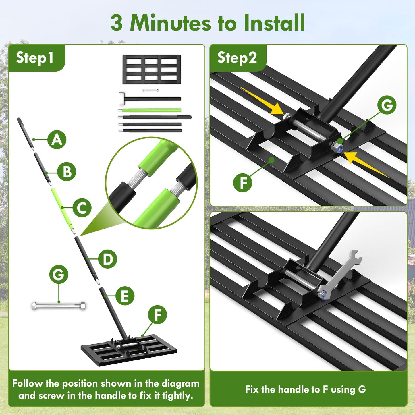 Seeutek Lawn Leveling Rake, 17" x 10" Heavy Duty Yard Leveling Rake Tool with 0-180° Adjustable Handle, 6.5FT Steel Handle Lawn Leveler for Yard Garden Golf, Ease Level Soil Sand Dirt Surface
